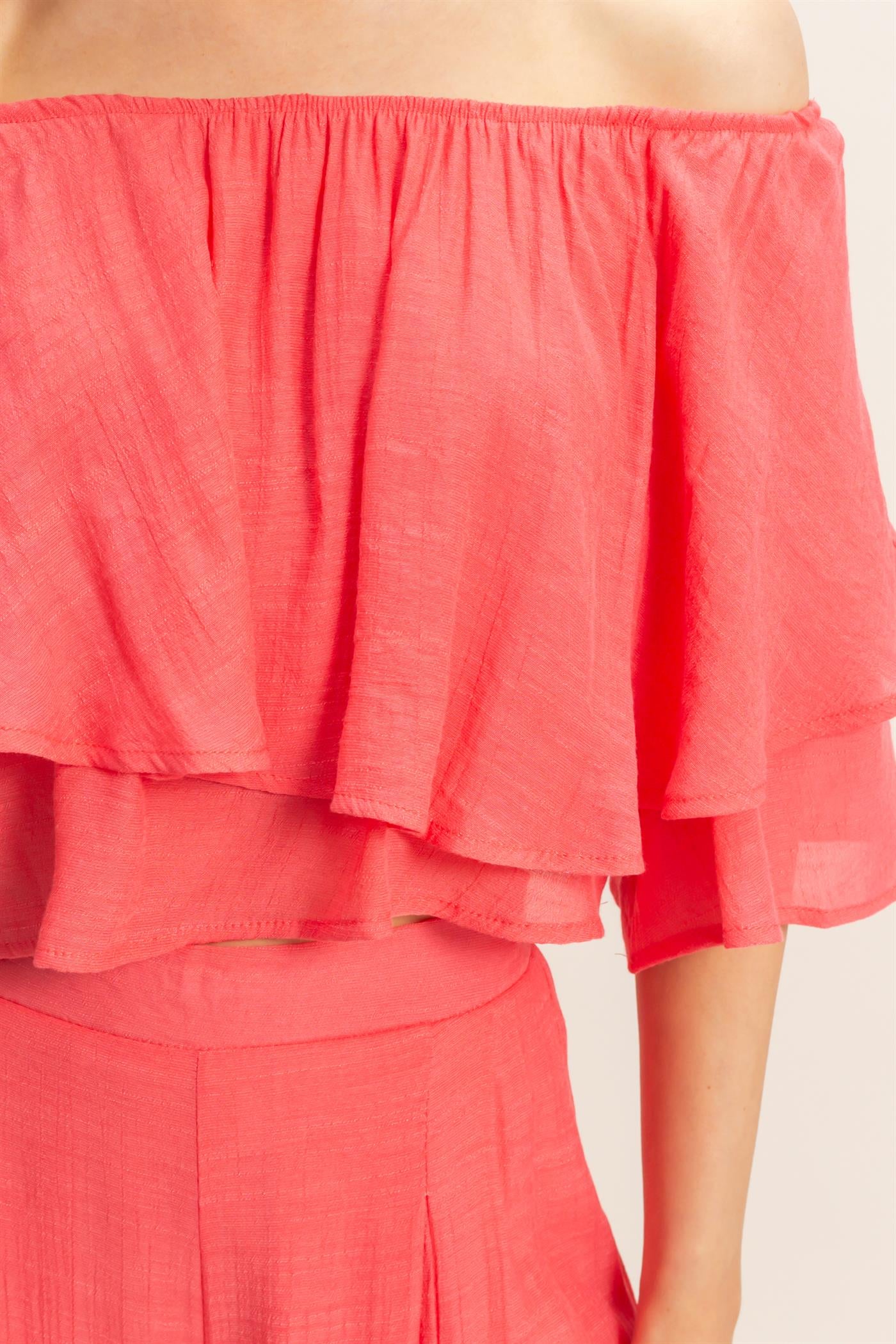 Wholesale Off Shoulder Top & Pleated Pant Set Clothing HF26C291-SET-D CORAL RED HYFVE