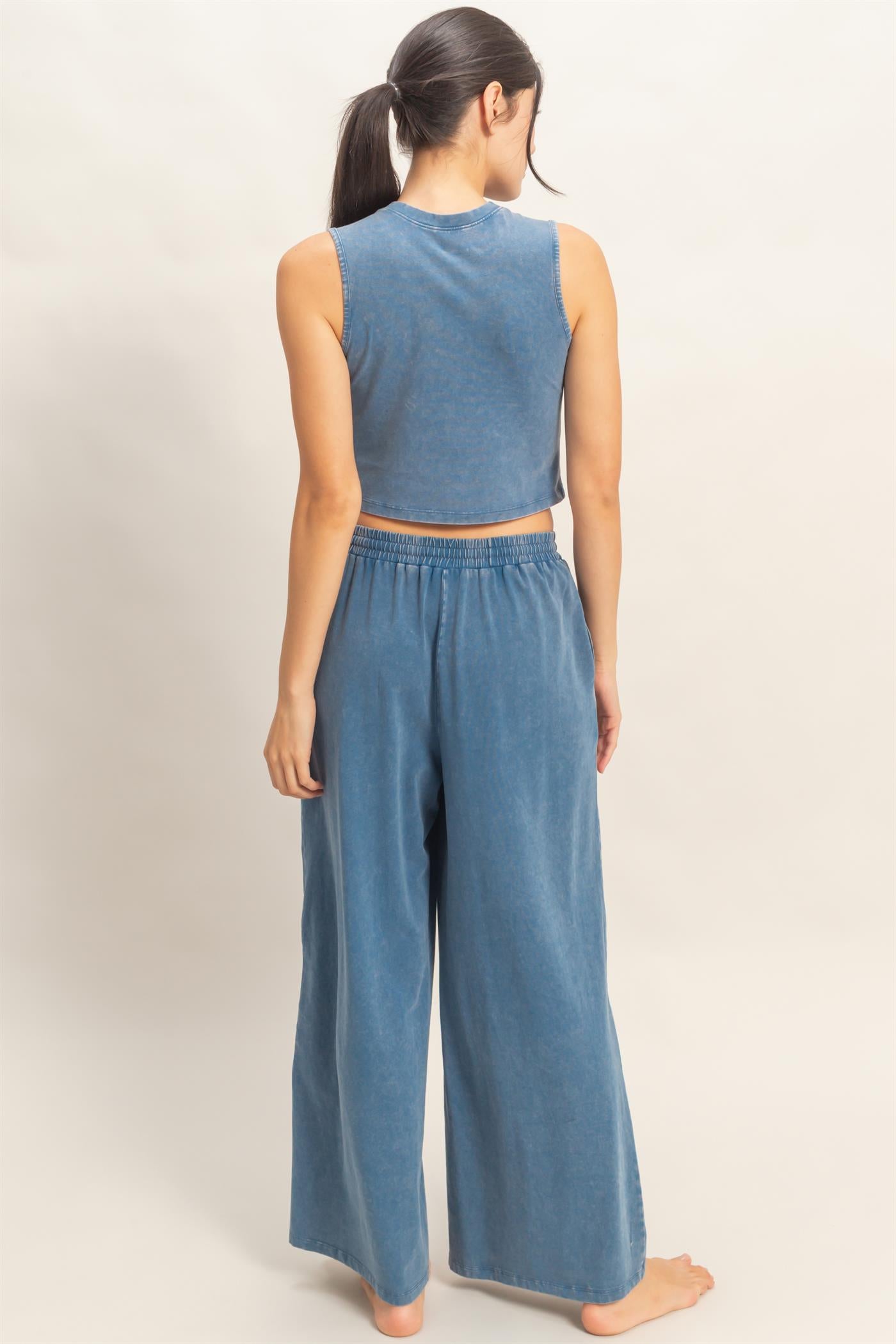 Wholesale Mineral Washed Sleeveless Top & Wide Leg Pants Set Clothing DZ26A371-SET NAVY DOUBLE ZERO