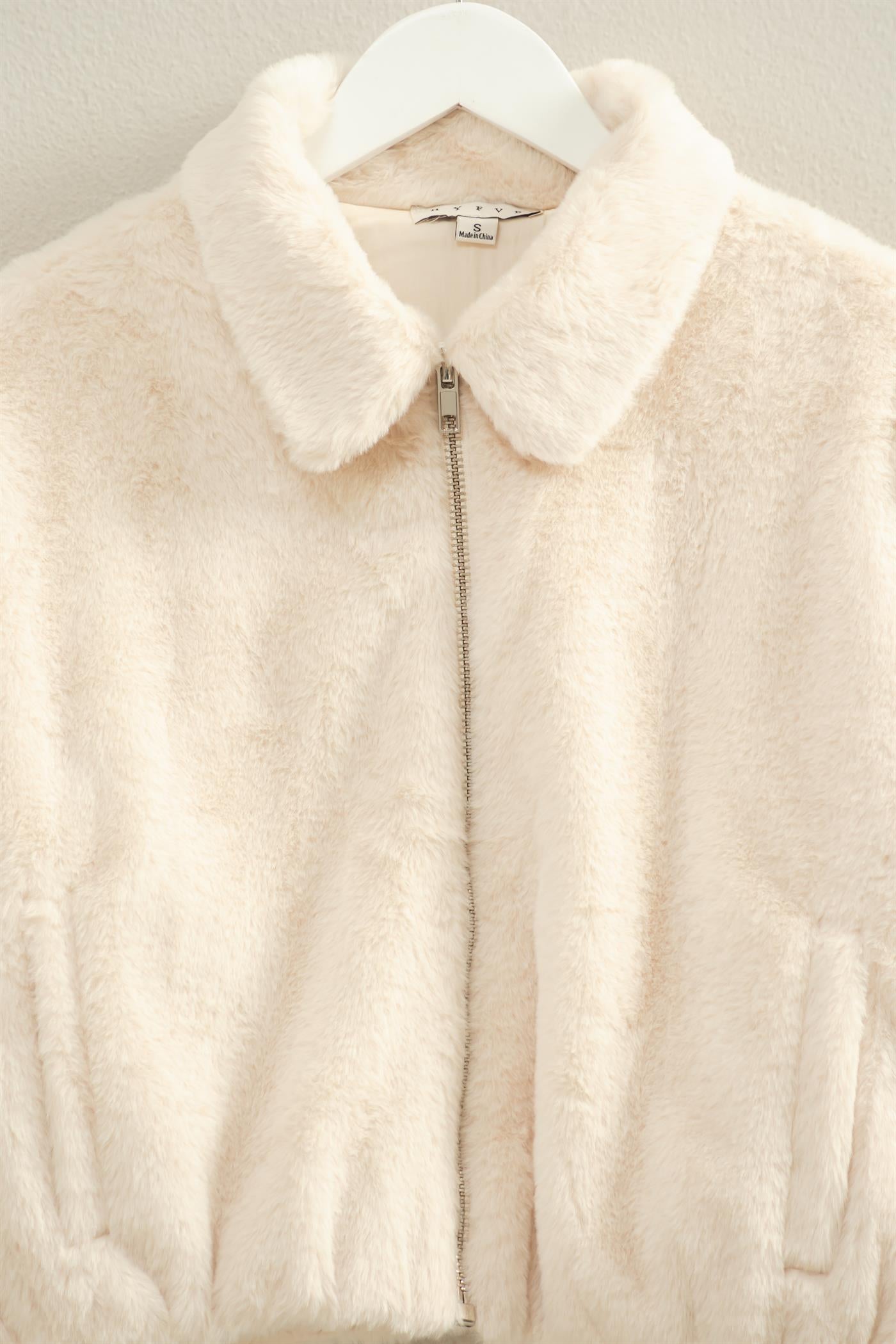 Wholesale Faux Fur Zip Up Jacket With Plush Collar Coats & Jackets HF25E940 CREAM HYFVE