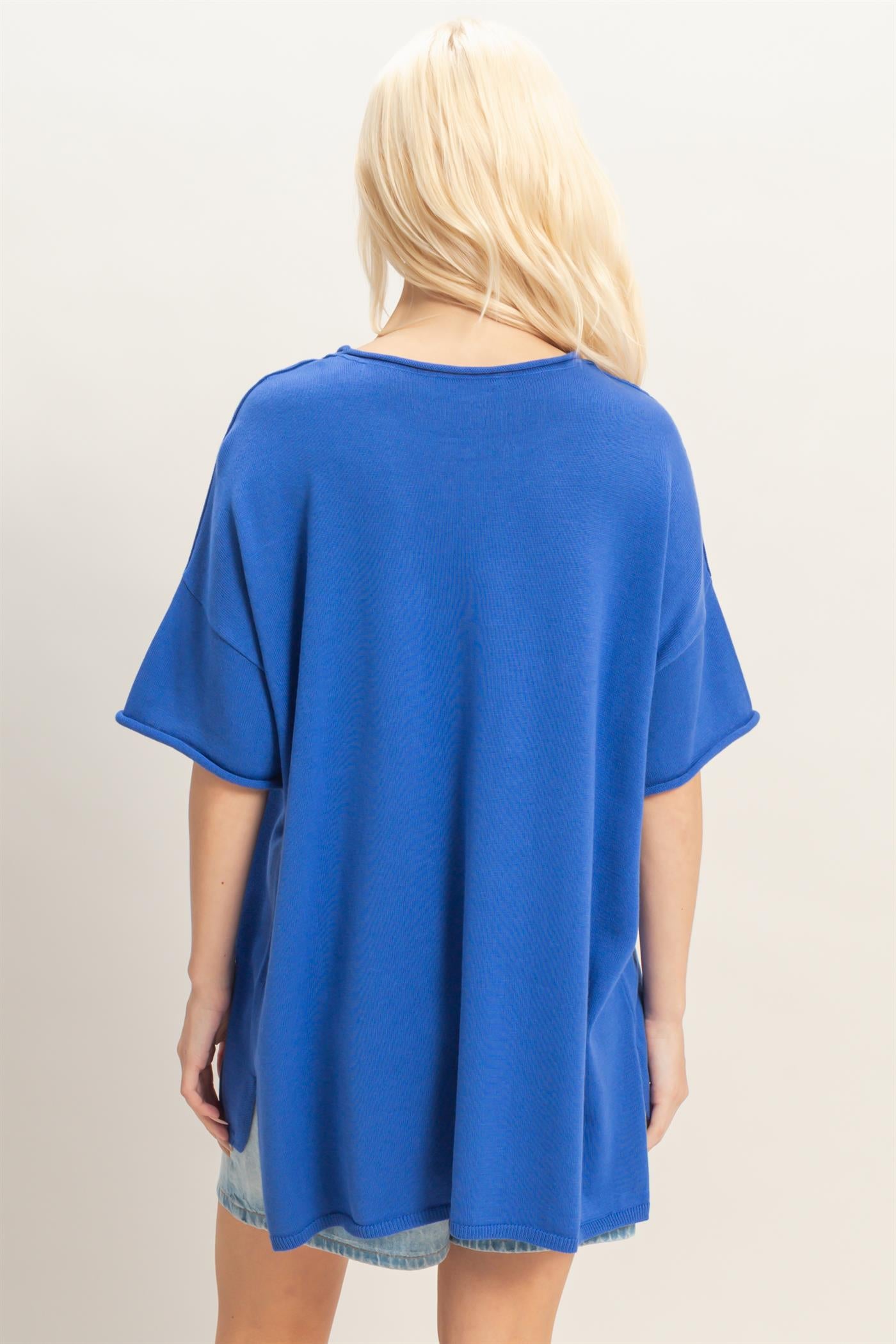 Wholesale Oversized Short Sleeve Round Neck Pocket Knit Top Clothing Tops DZ26A691 COBALT DOUBLE ZERO