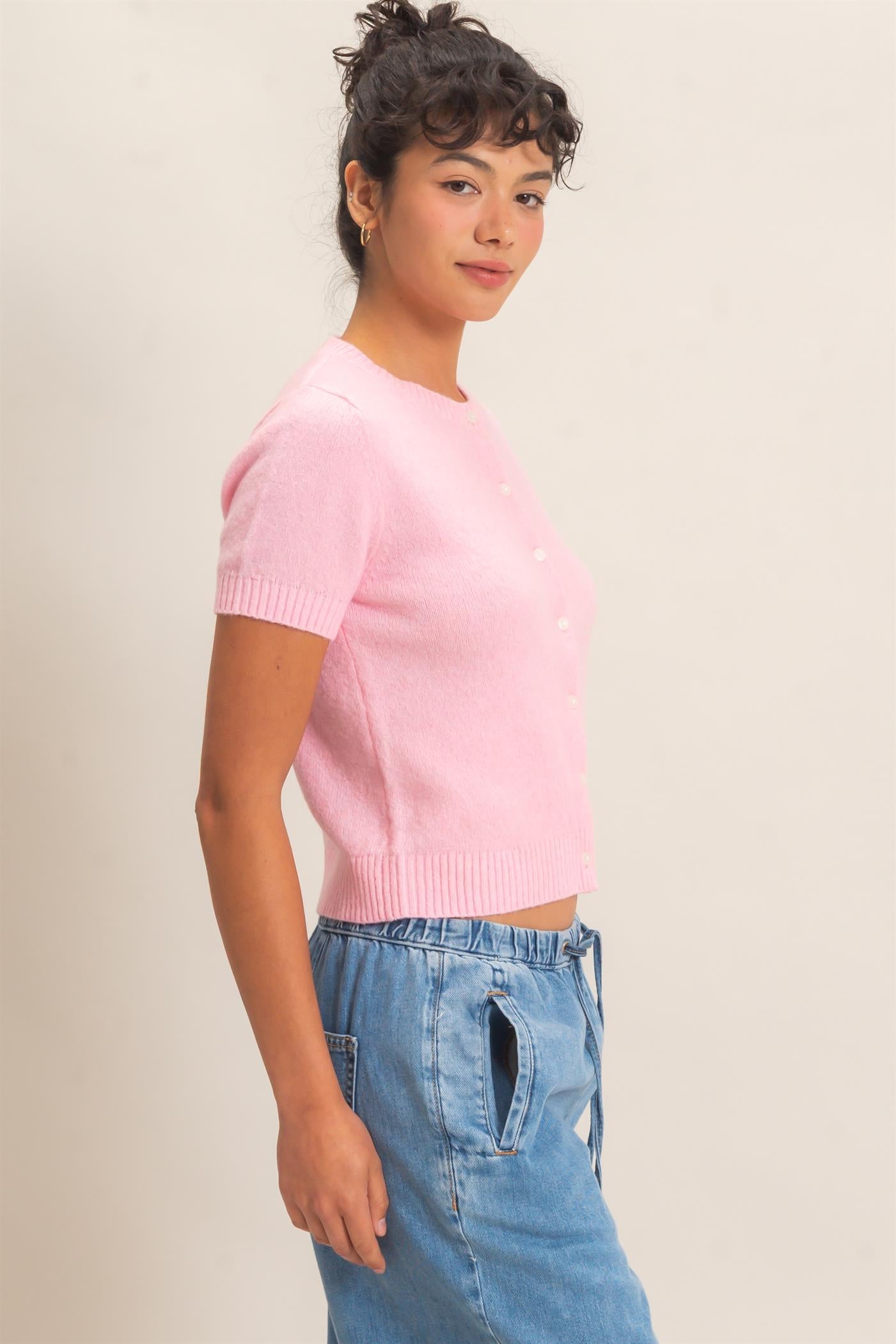 Wholesale Crew Neck Short Sleeve Cardigan Cardigans DZ26E108 PINK DOUBLE ZERO