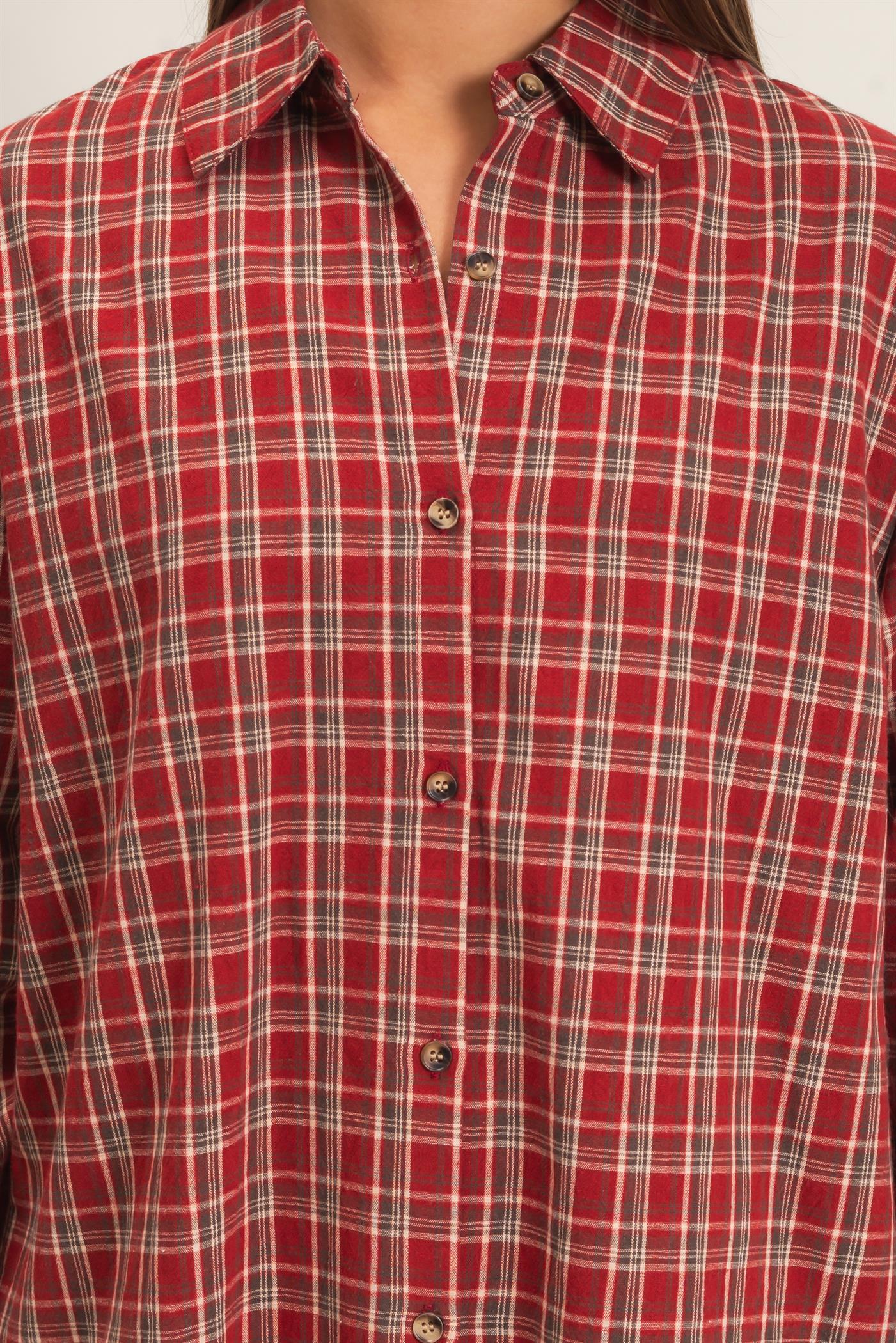 Wholesale Plaid Oversized Shirt Shirts DZ26F062 DARK RED DOUBLE ZERO