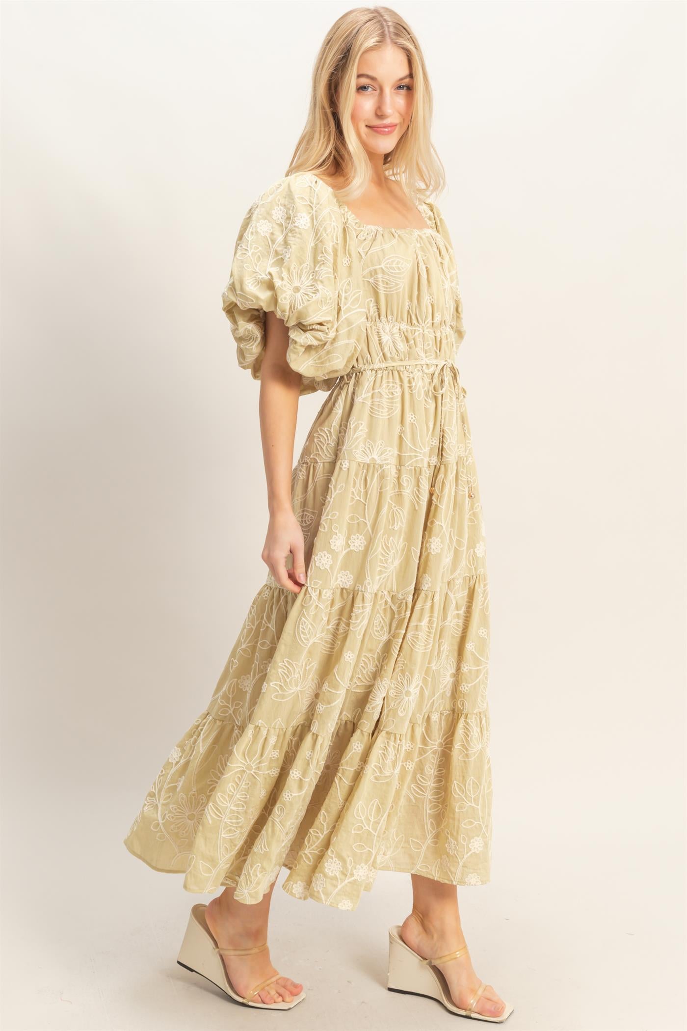 Wholesale Floral Puff Sleeve Midi Dress Dresses HF26C777-D LIGHT SAGE HYFVE