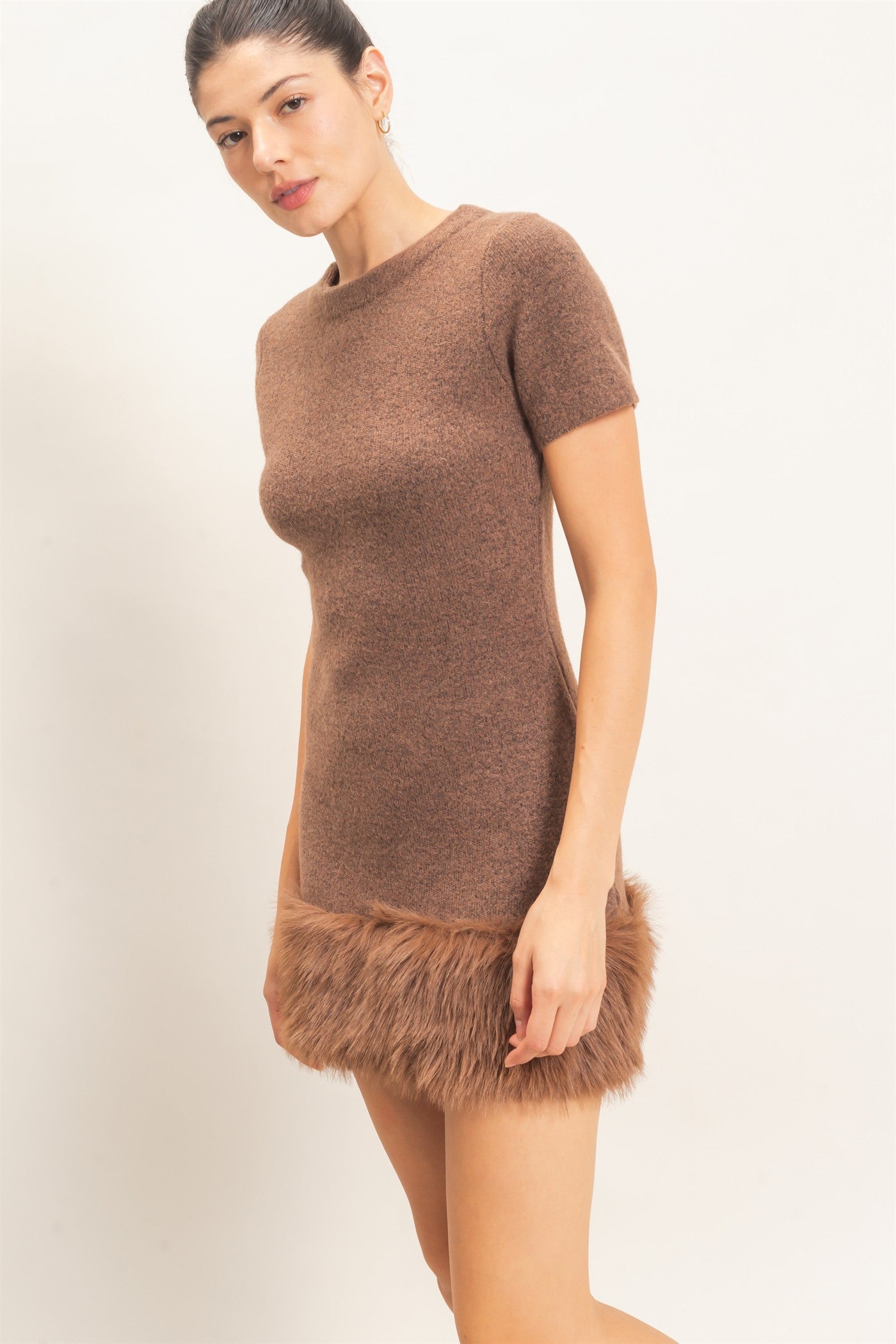 Wholesale Faux Fur Trim Knit Dress Dresses HF26E785-D BROWN HYFVE