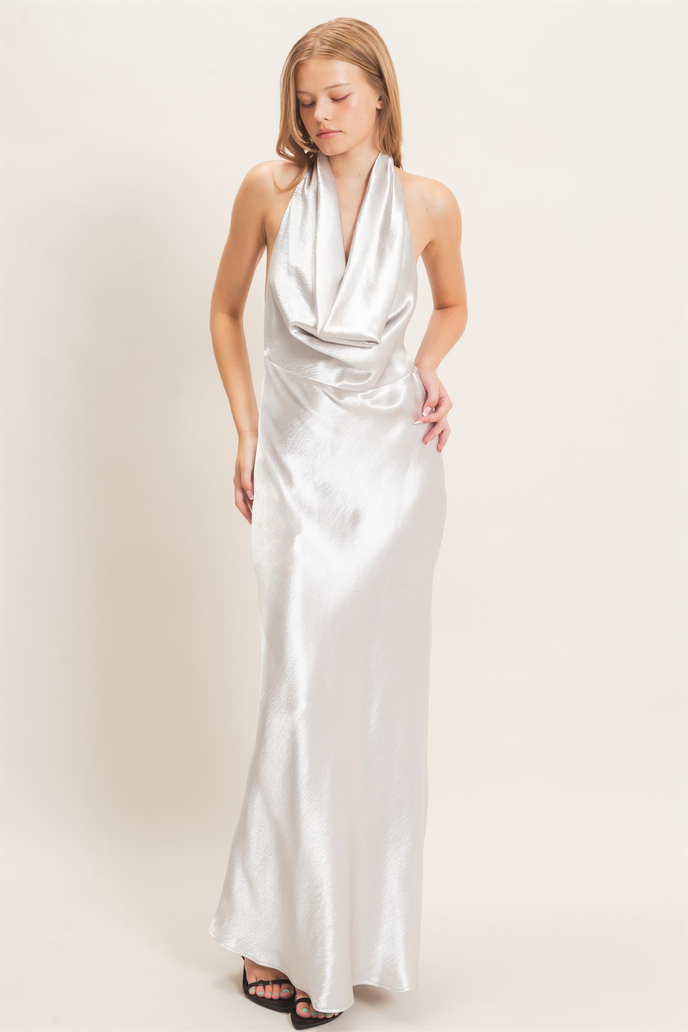 Wholesale Satin Cowl Neck Maxi Dress Dresses HF26F216-D SILVER HYFVE