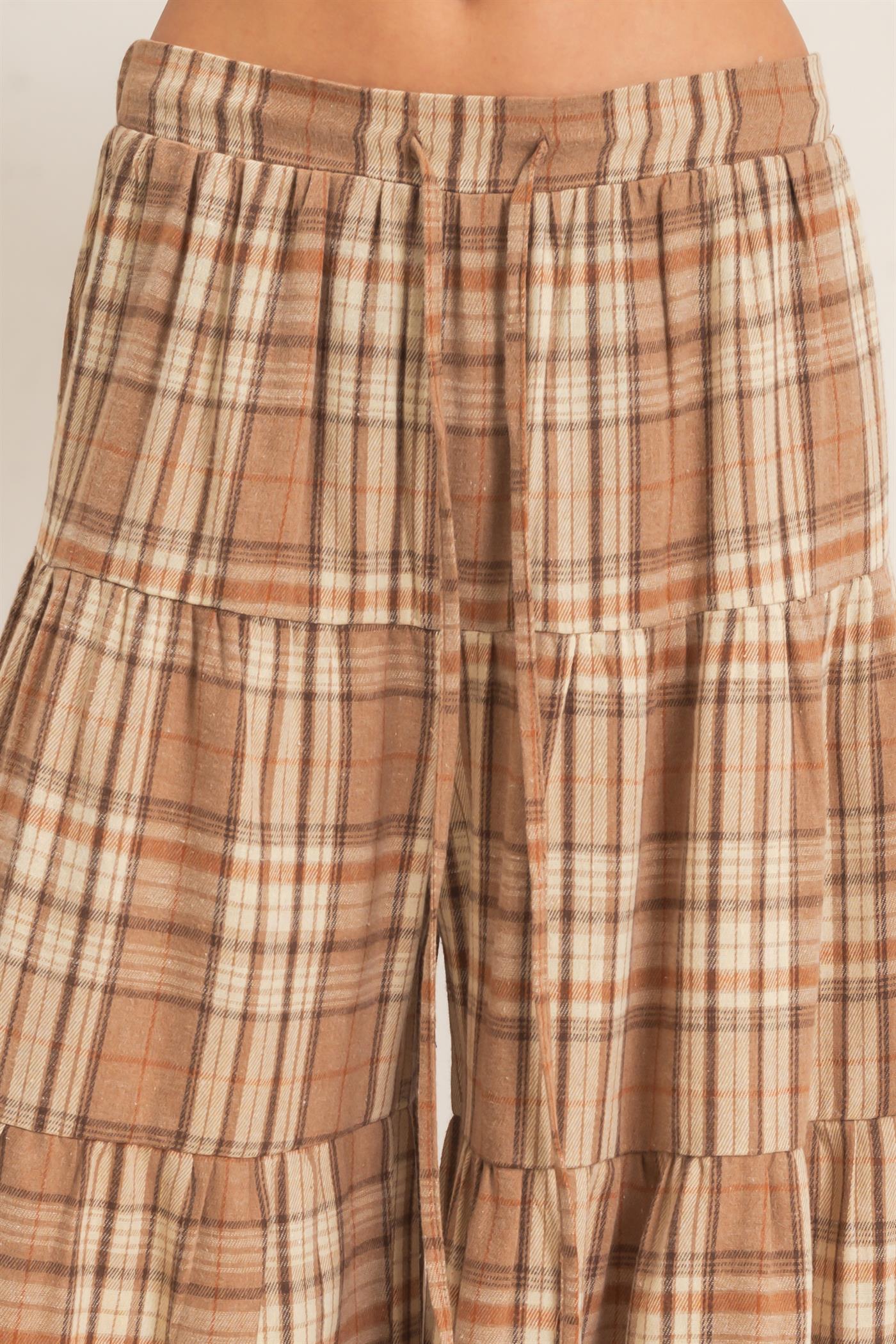 Wholesale Tiered Plaid Wide-Leg Pants Pants HF26E042 MOCHA HYFVE