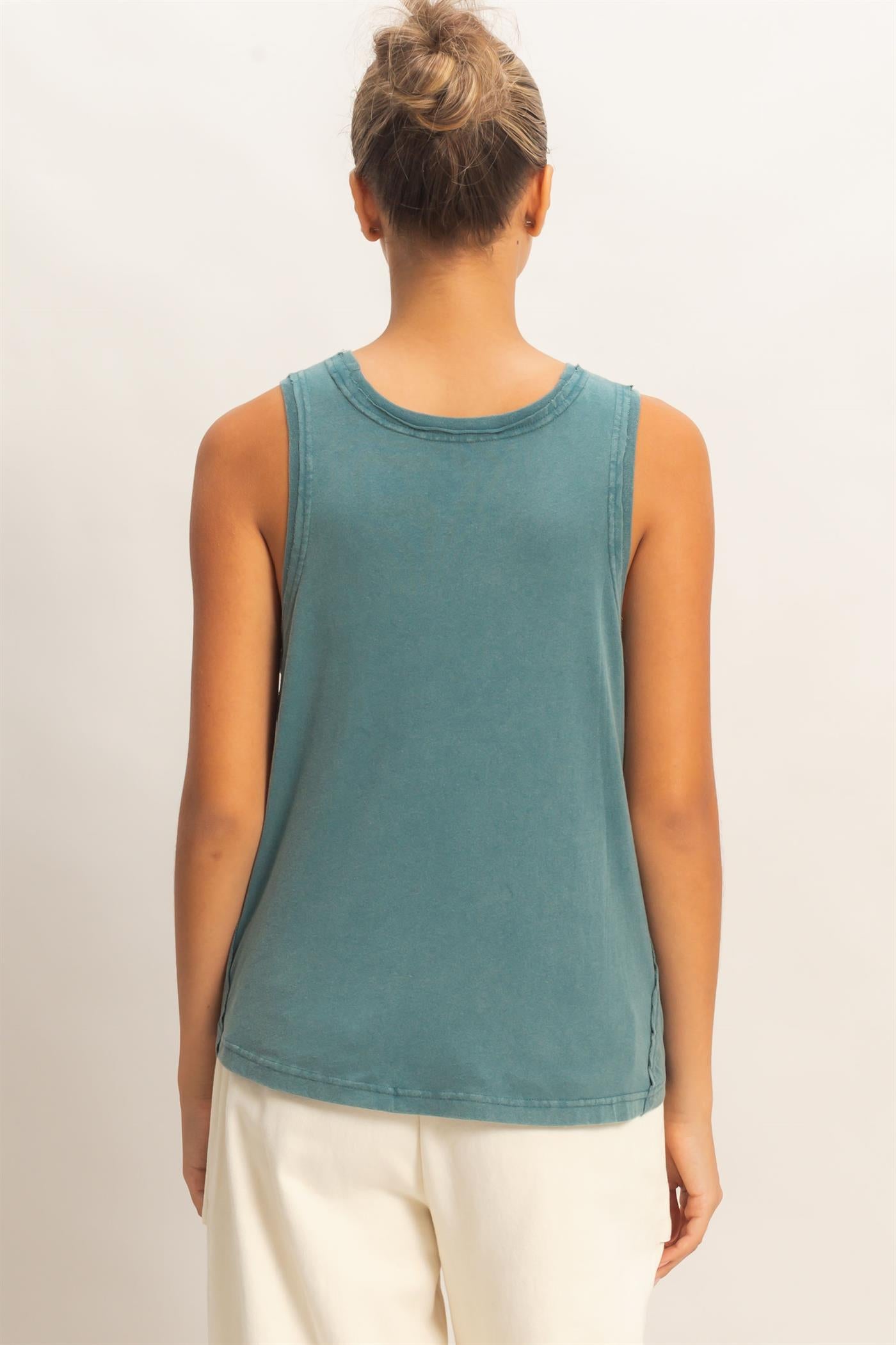 Wholesale Raw Edge Details Sleeveless Washed Top Clothing Tops DZ26E278 DARK TEAL DOUBLE ZERO
