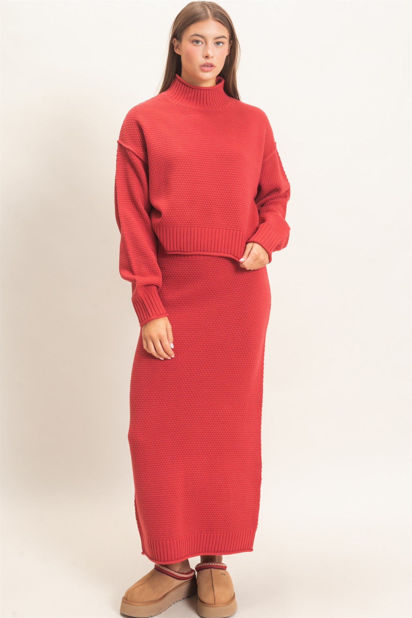 Wholesale High Neck Long Sleeve Top & Maxi Skirt Set Clothing DZ26E272-SET DARK RED DOUBLE ZERO