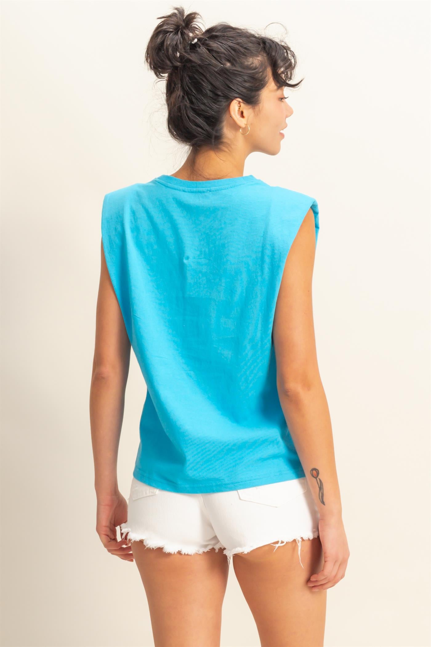 Wholesale Shoulder Pad Sleeveless Top Clothing Tops DZ24C849 AQUA BLUE DOUBLE ZERO