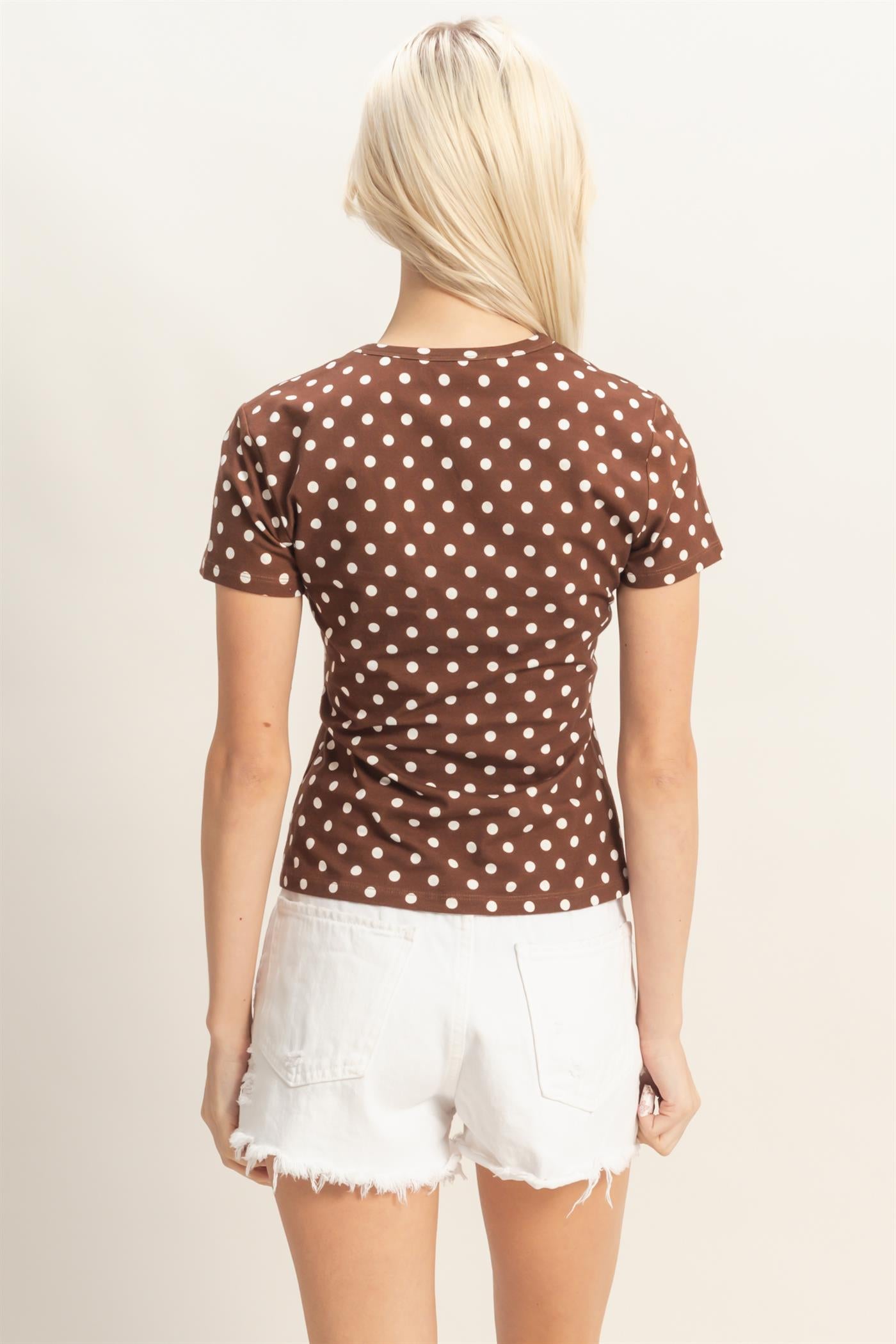 Wholesale Polka Dot Short Sleeve Crew Neck Top Clothing Tops DZ26C383 BROWN DOUBLE ZERO