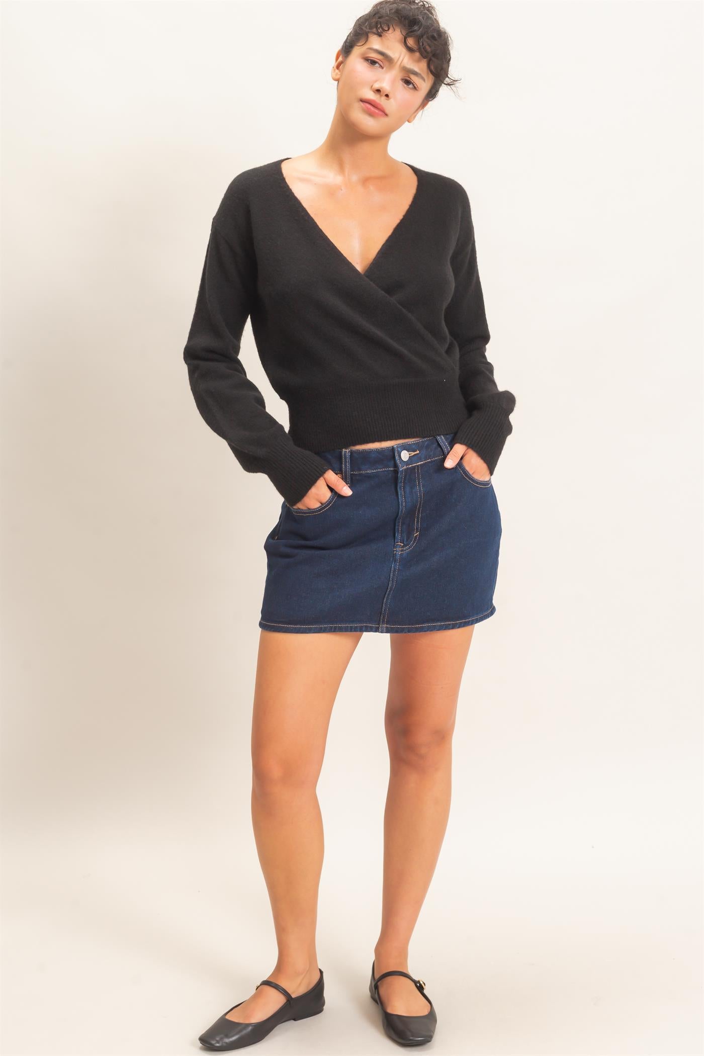 Wholesale Wrap V Neck Sweater Sweaters DZ26E948 BLACK DOUBLE ZERO