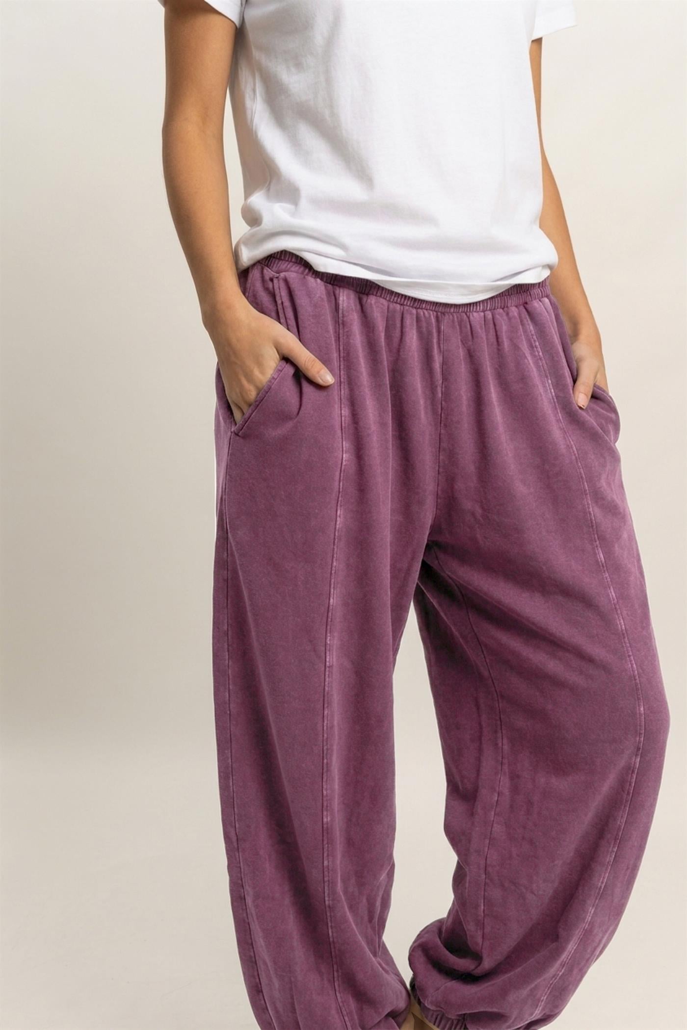 Wholesale Mineral Wash Elastic Waist Jogger Pants Joggers DZ26F405 DARK CHERRY DOUBLE ZERO