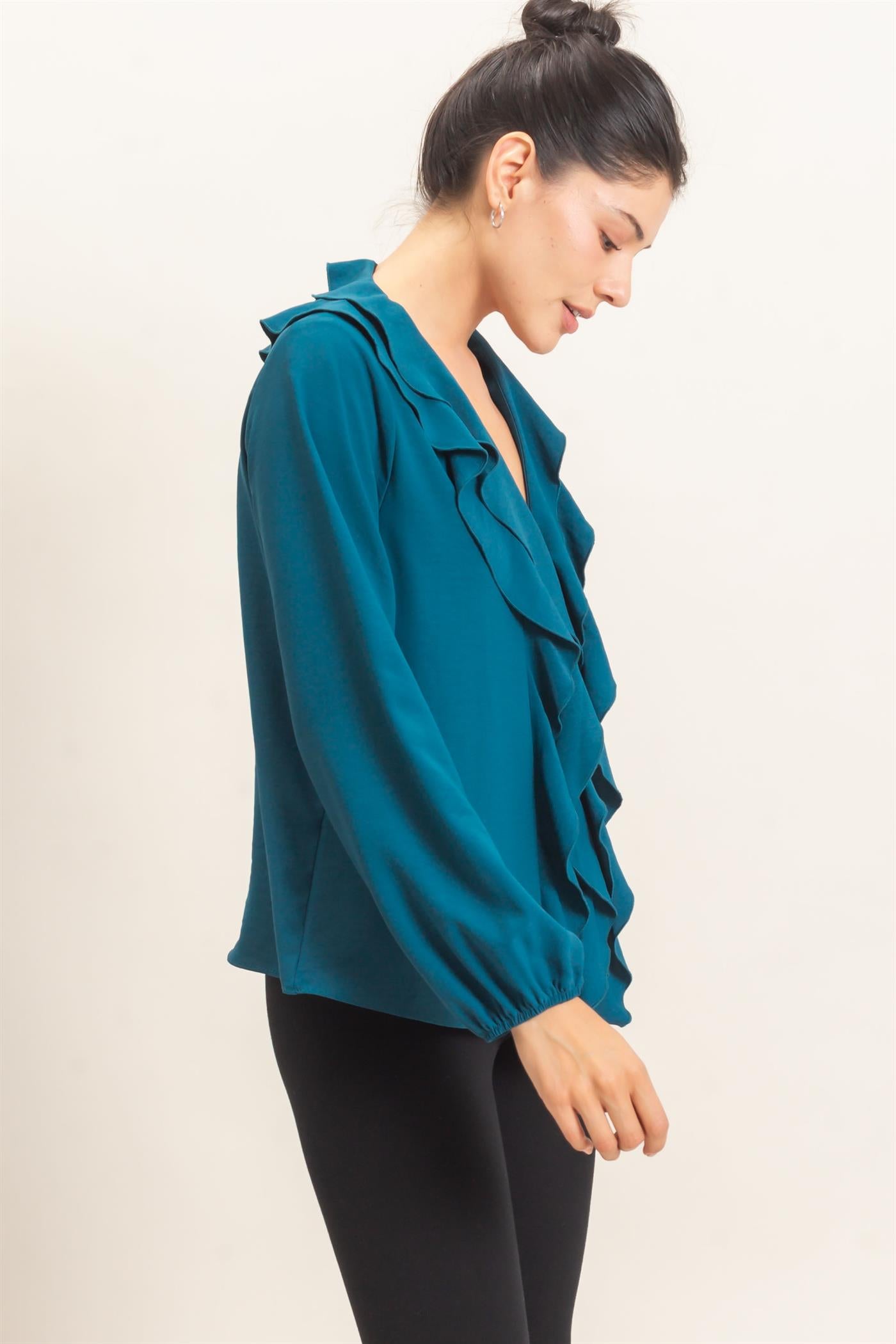 Wholesale Ruffled V-Neck Button-Up Blouse Blouses HF26C739 TEAL HYFVE