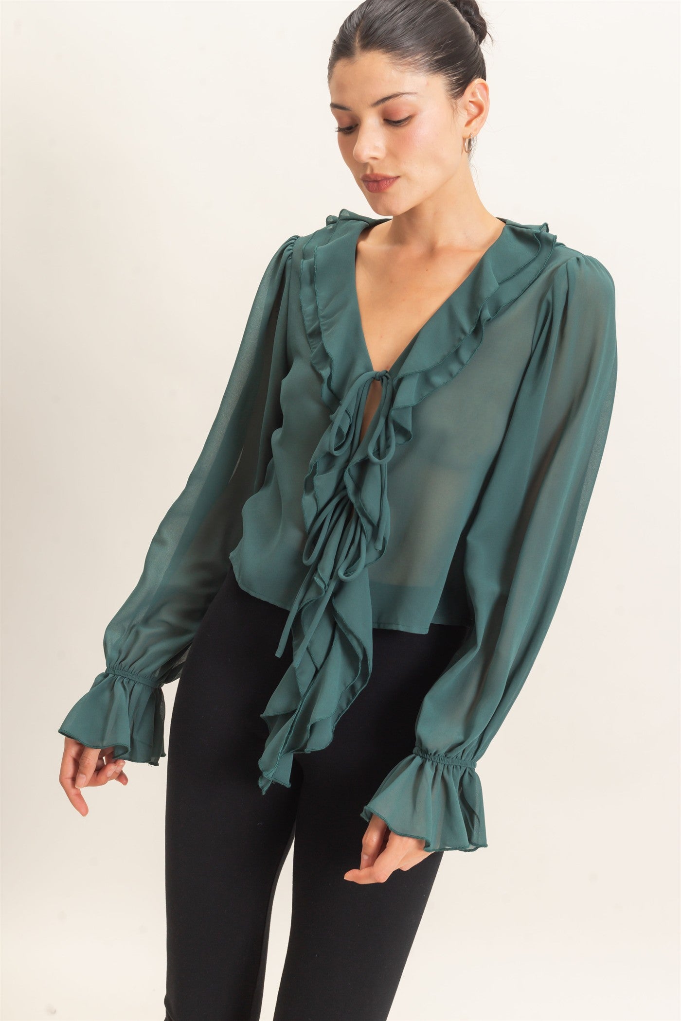 Wholesale Ruffled V-Neck Blouse Blouses HF26F066 TEAL GREEN HYFVE