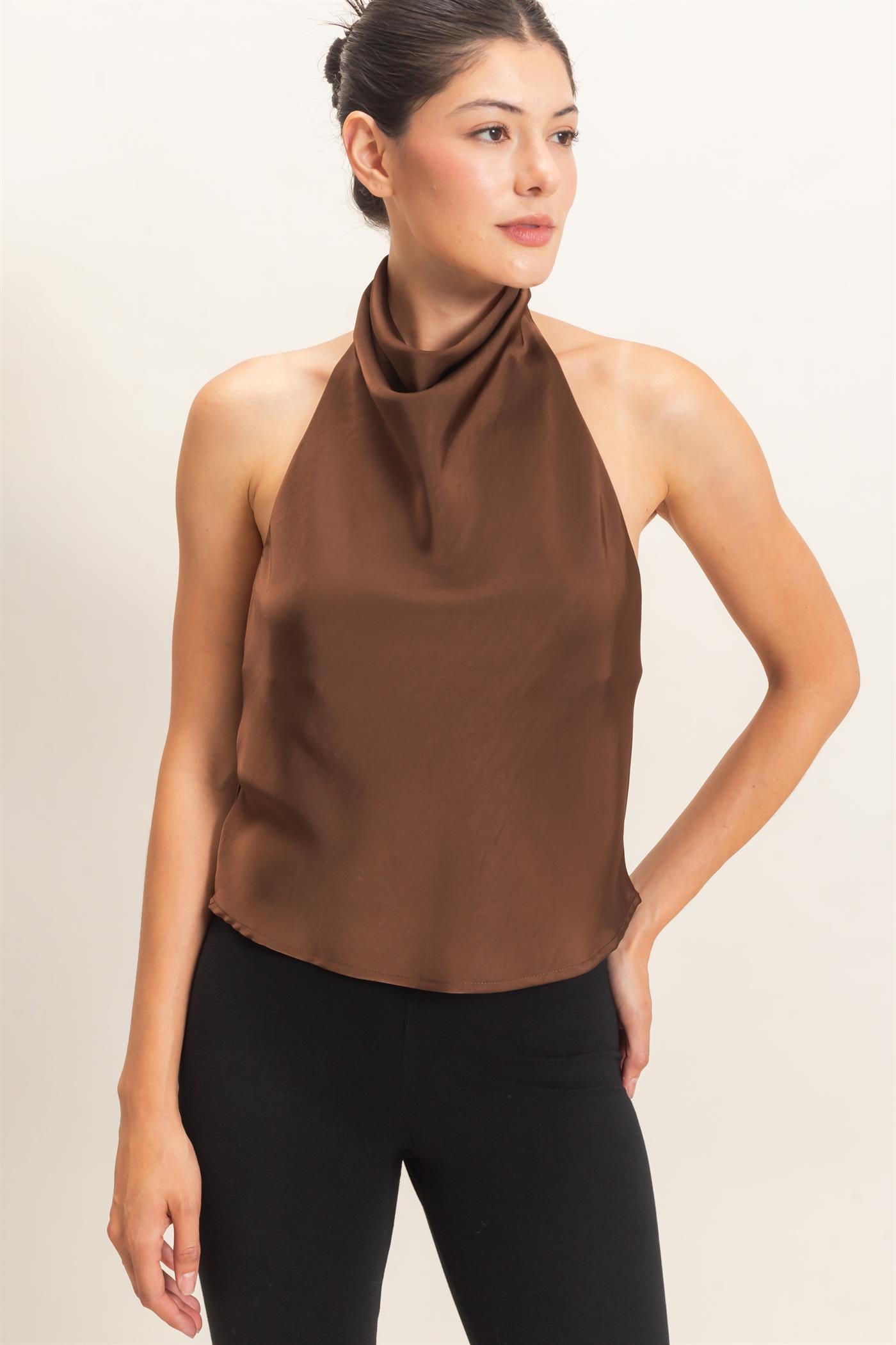 Wholesale Draped Halter Satin Top Blouses HF26E632 ESPRESSO HYFVE