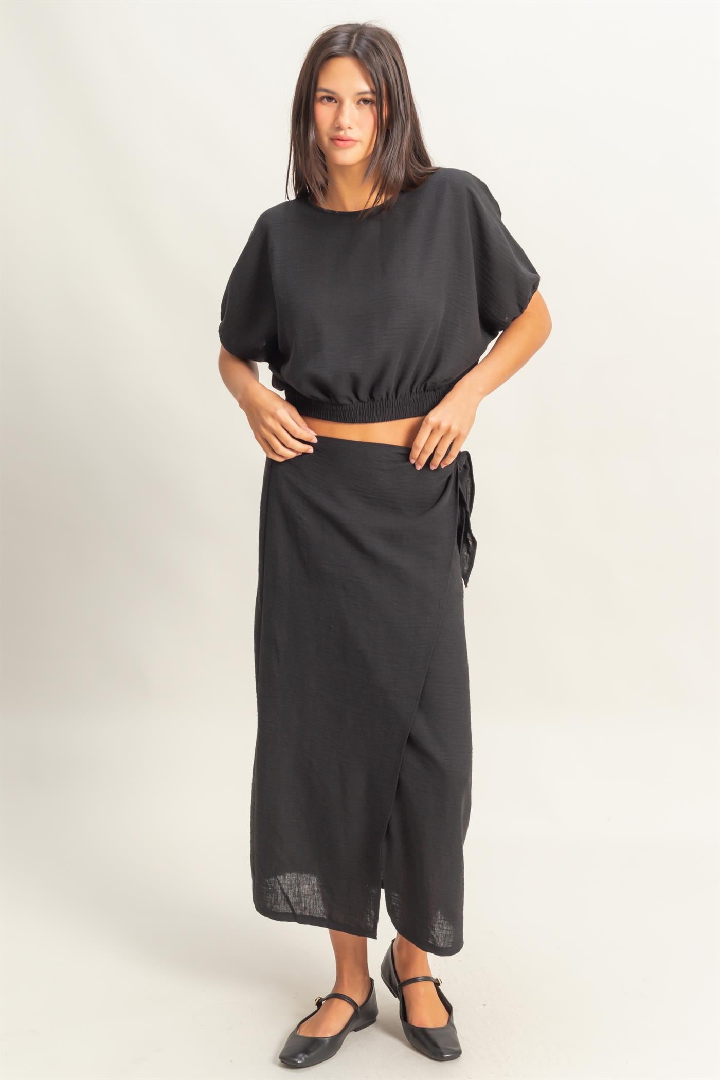 Wholesale High Waist Crinkle Woven Maxi Skirt Skirts DZ25C511 BLACK DOUBLE ZERO