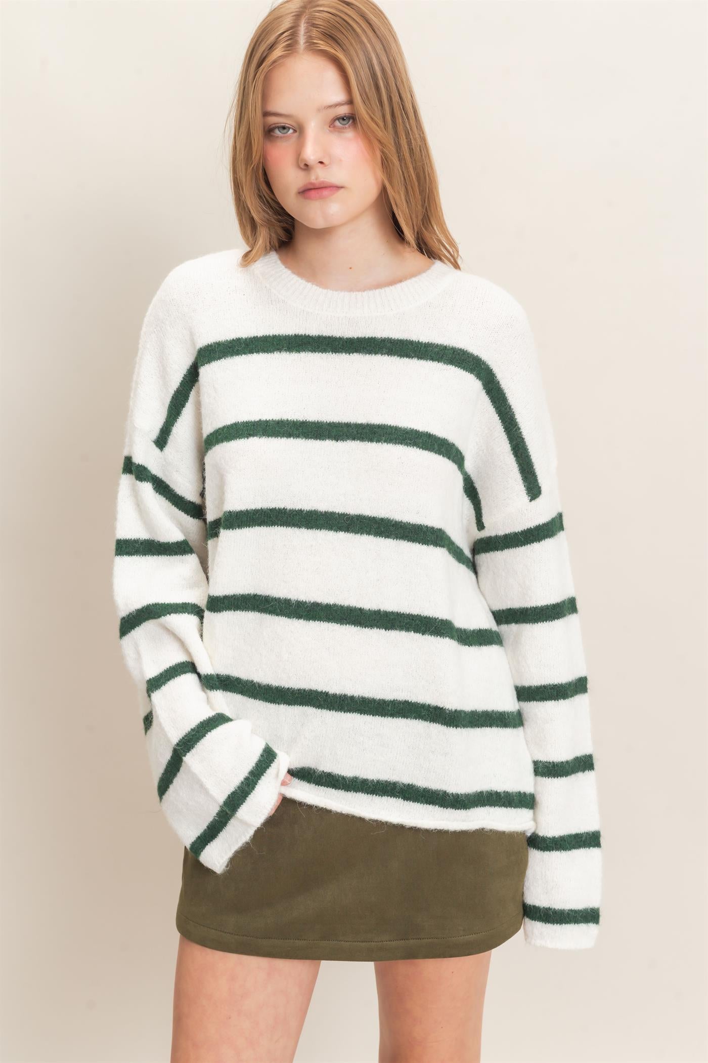 Wholesale Striped Crew Neck Sweater Sweaters HF26E894 HUNTER GREEN HYFVE