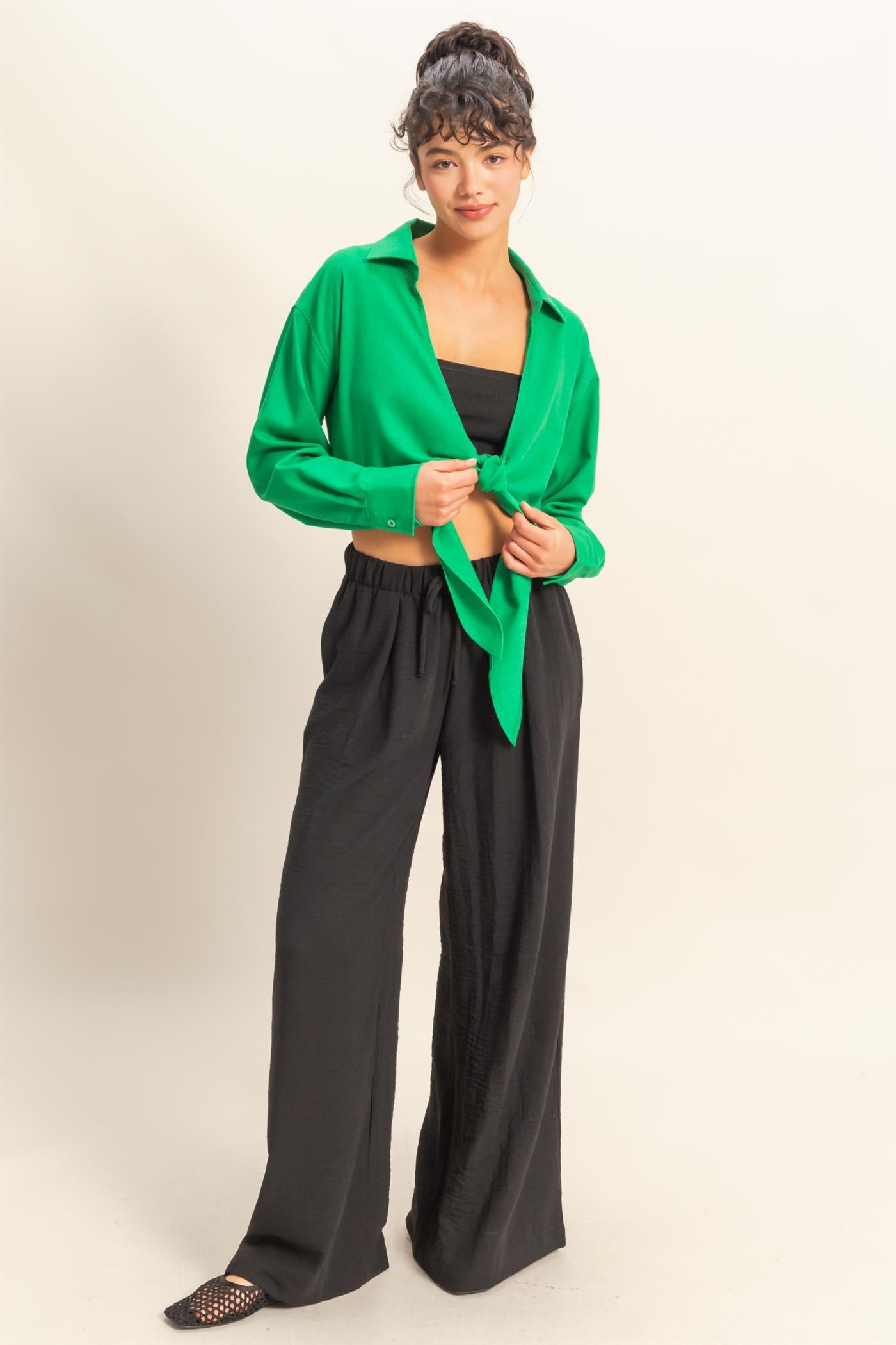 Wholesale Sand Washed Tie Front Crop Top Blouses DZ24C963 GREEN DOUBLE ZERO