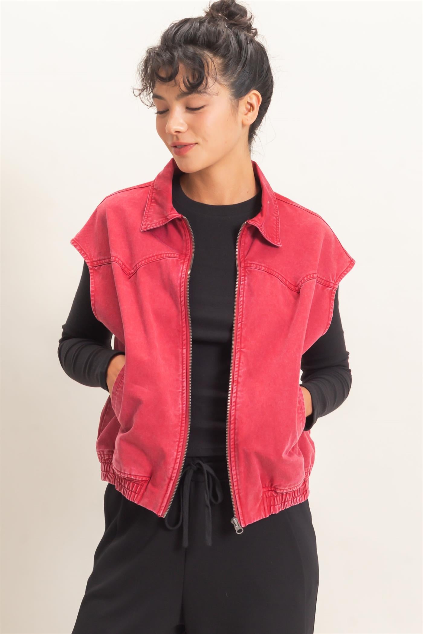 Wholesale Mineral Wash Sleeveless Zip-Up Collar Vest Vests DZ26E392 DARK RED DOUBLE ZERO