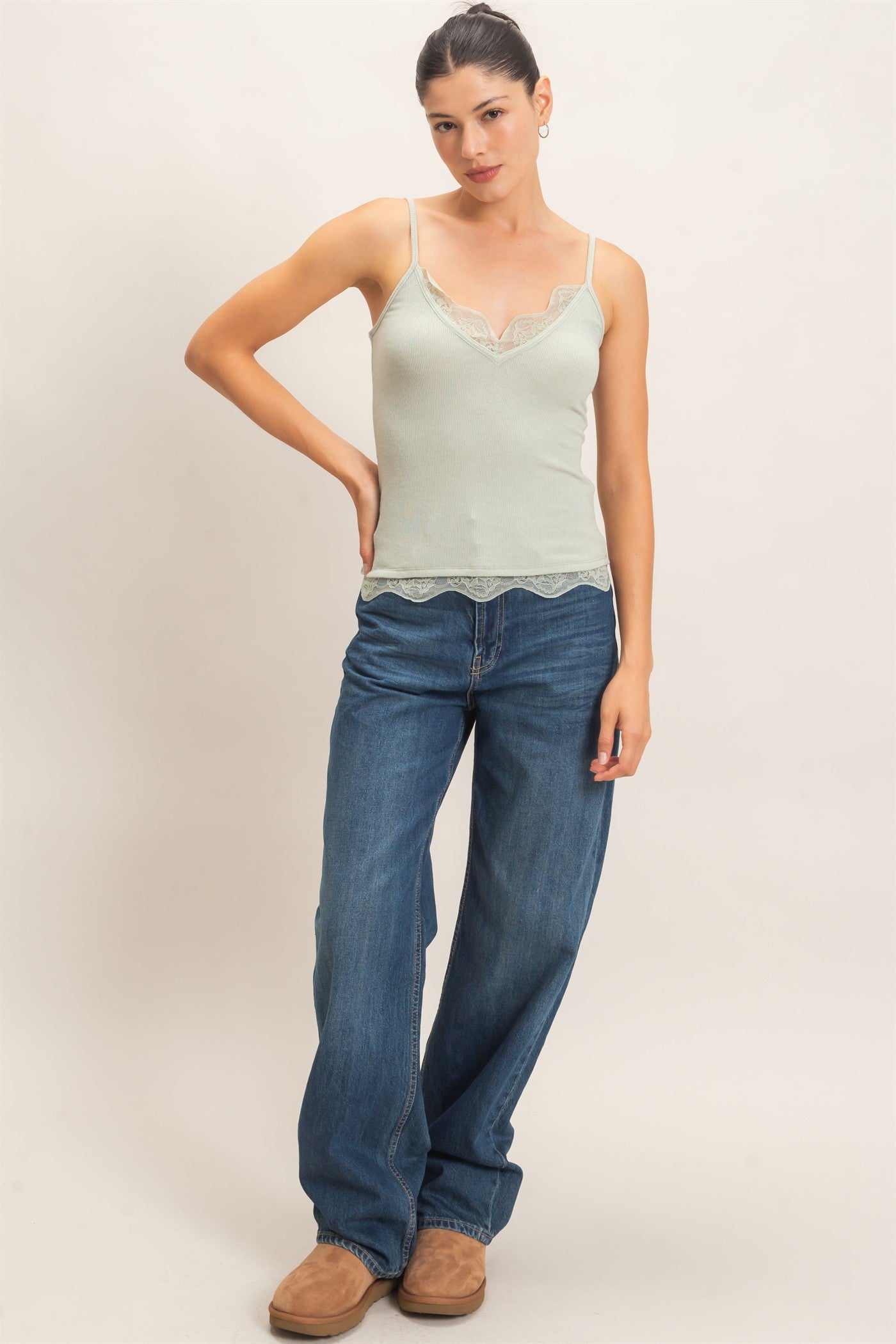 Wholesale Knit Lace Trim Camisole Tank Tops HF26E014 SAGE GEEEN HYFVE