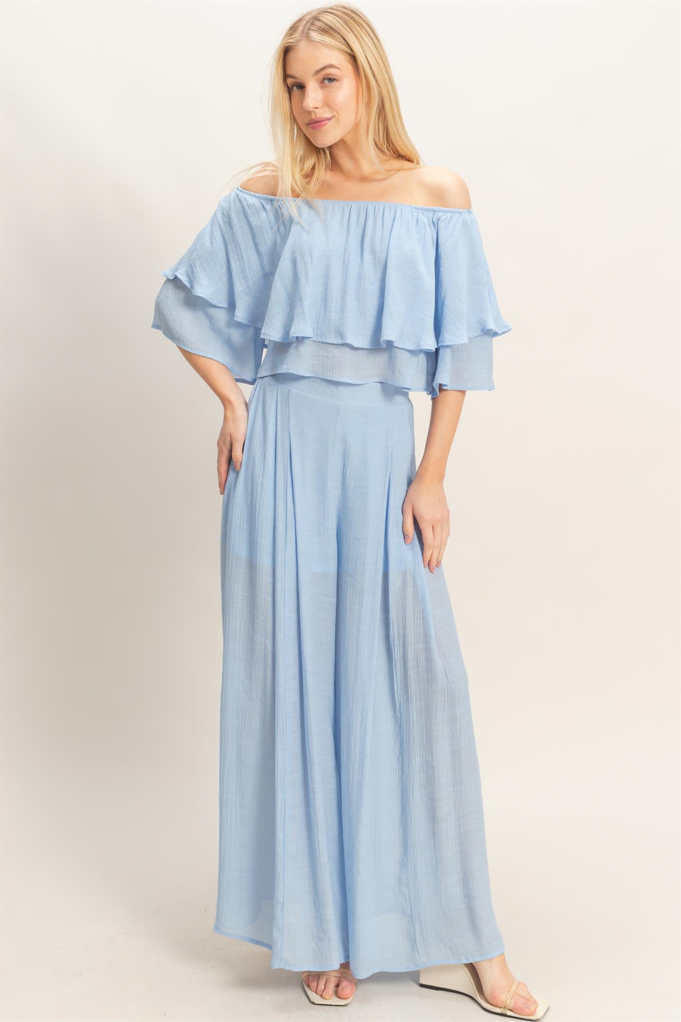 Wholesale Off Shoulder Top & Pleated Pant Set Clothing HF26C291-SET-D POWDER BLUE HYFVE