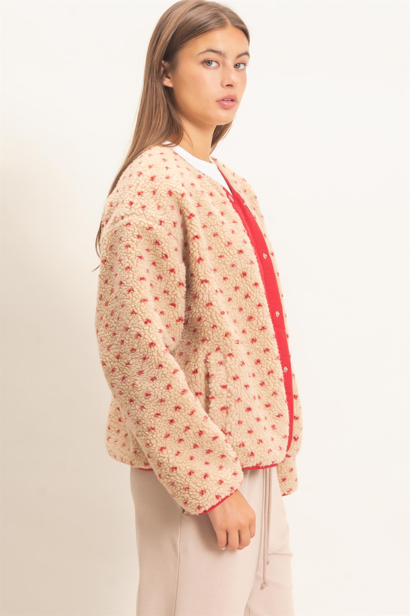 Wholesale Polka Dot Sherpa Jacket Coats & Jackets DZ26F160 RED DOUBLE ZERO
