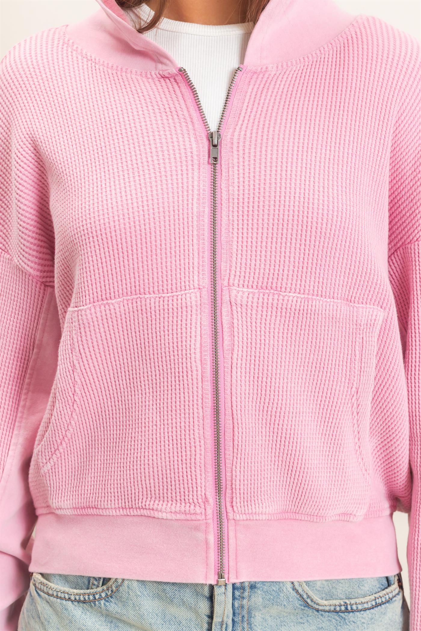 Wholesale Acid Wash Waffle Knit Zip-Up Hoodie Hoodies DZ26E401 PINK DOUBLE ZERO