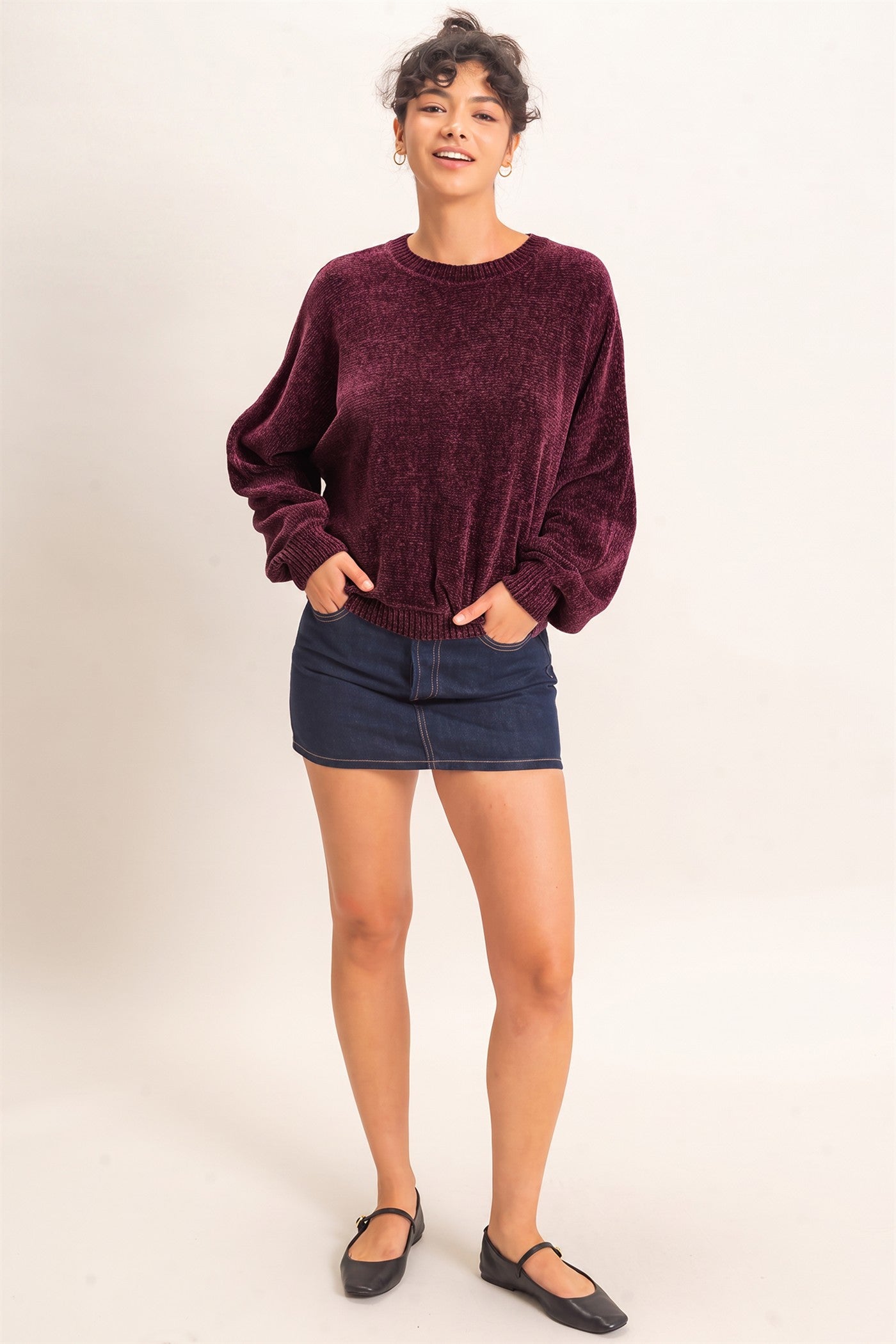 Wholesale Chenille Crew Neck Sweater Sweaters DZ26E264 DARK CHERRY DOUBLE ZERO
