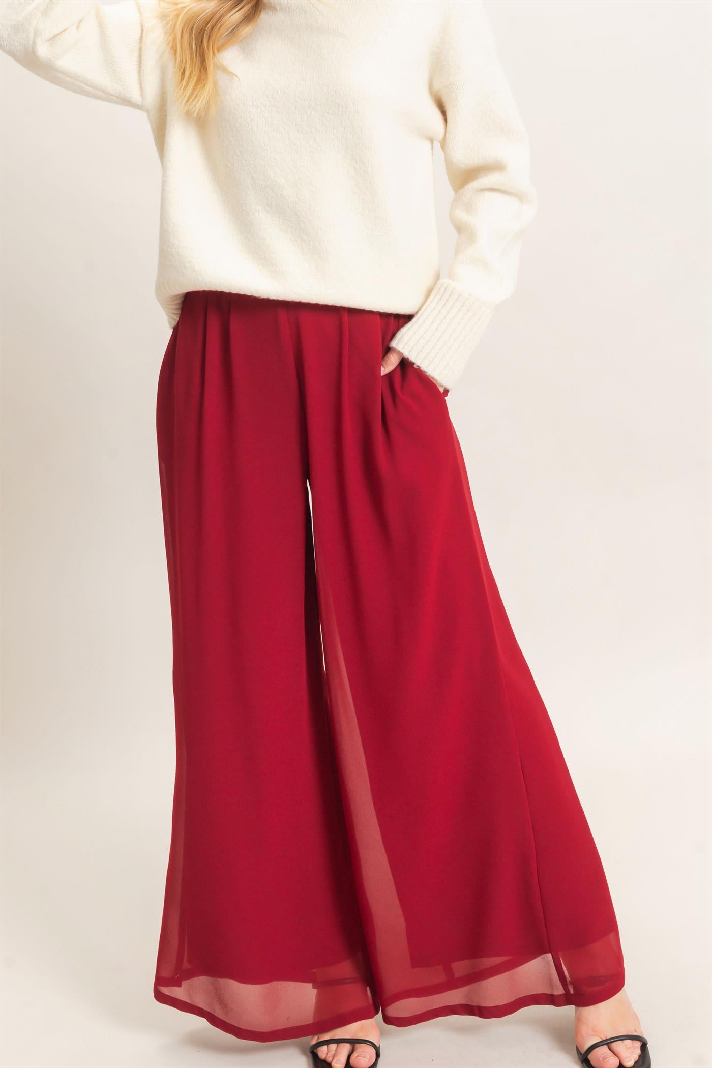 Wholesale Wide-Leg High Waist Pants Pants HF26F068-D BURGUNDY HYFVE