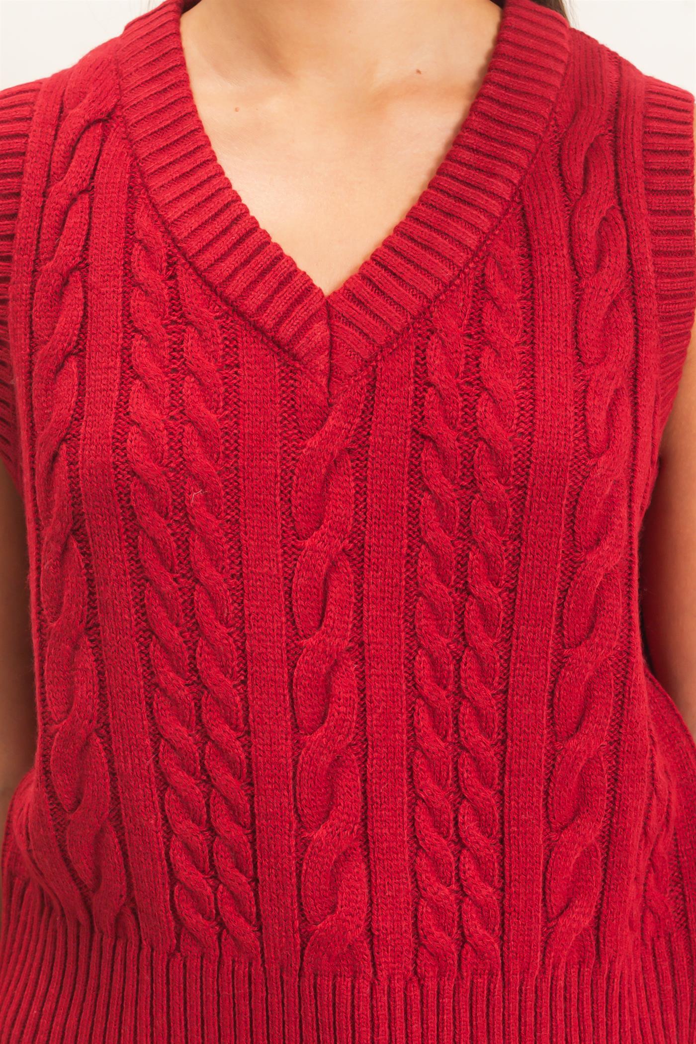 Wholesale Cable Knit V-Neck Sweater Vest Sweaters DZ26E548 BURGUNDY DOUBLE ZERO
