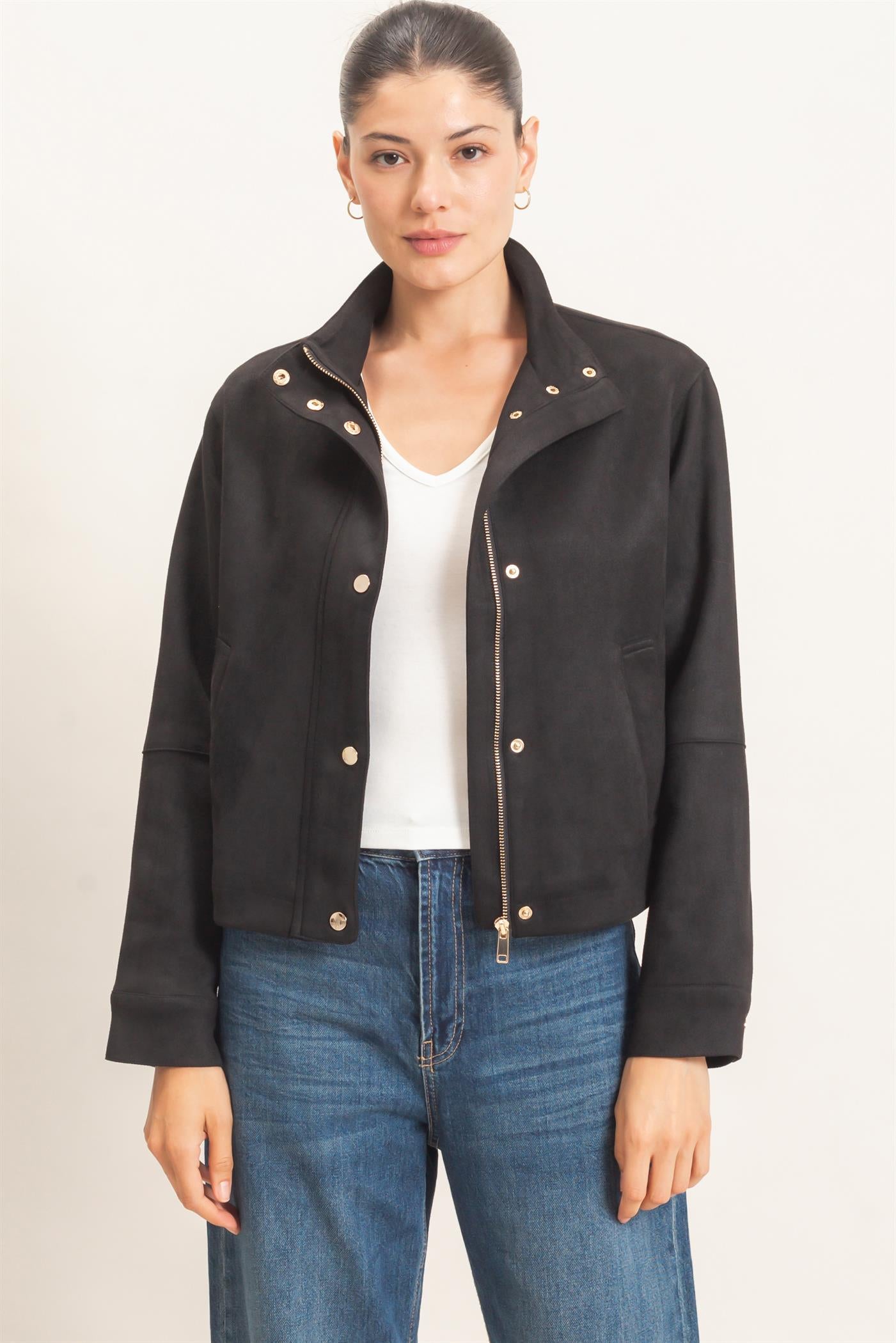 Wholesale Collar Suede Snap Jacket Coats & Jackets HF26E373 BLACK HYFVE