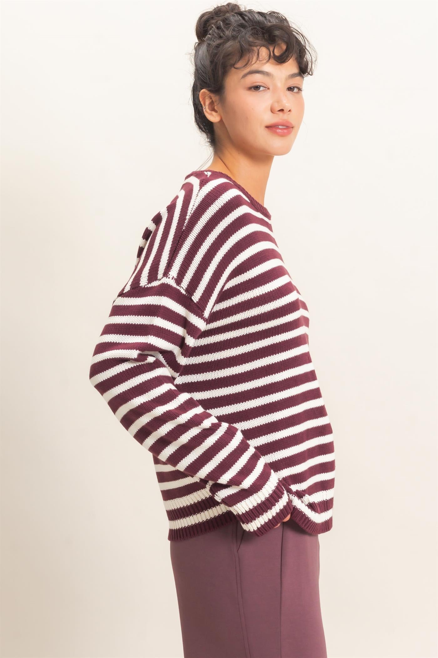 Wholesale Striped Crew Neck Sweater Sweaters DZ26E237 DARK CHERRY DOUBLE ZERO