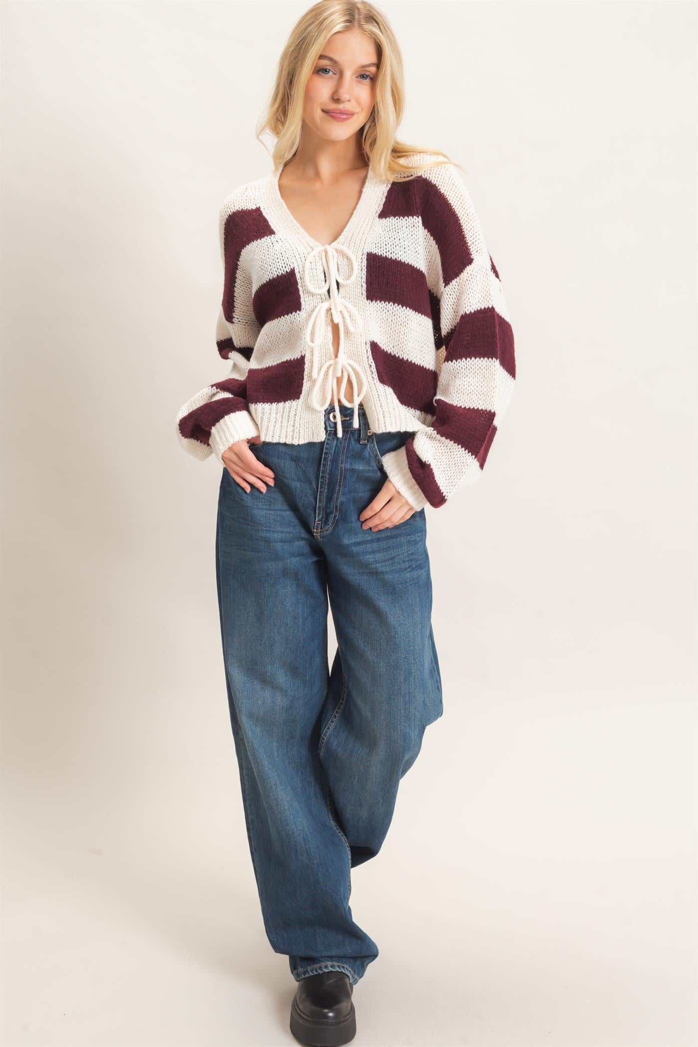 Wholesale Striped V-Neck Sweater Cardigan Cardigans HF26E959 MERLOT HYFVE