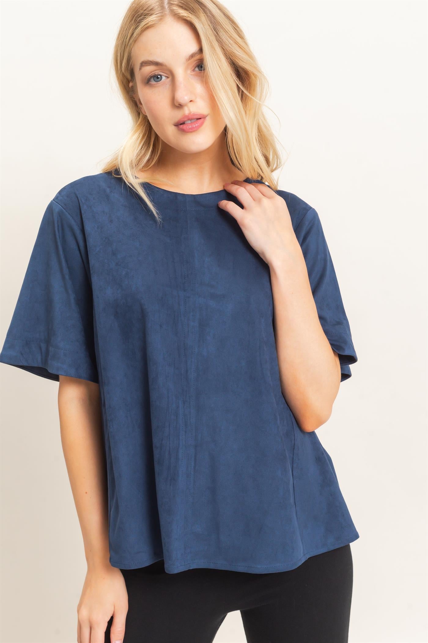 Wholesale Suede Boat Neck Top Clothing Tops HF26E351 MIDNIGHT NAVY HYFVE