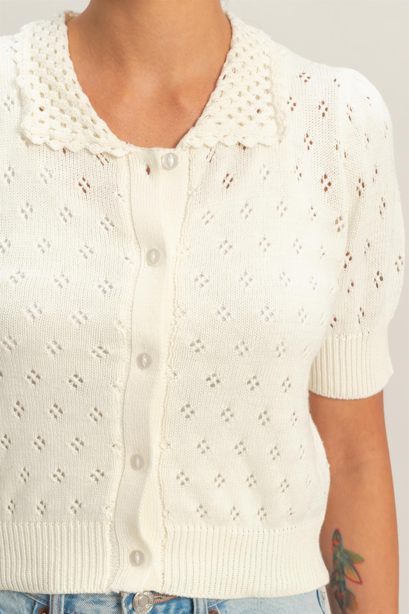 Wholesale Pointelle Collar Button-Up Puff Sleeve Knit Top Clothing Tops DZ26A748 WHIP CREAM HYFVE