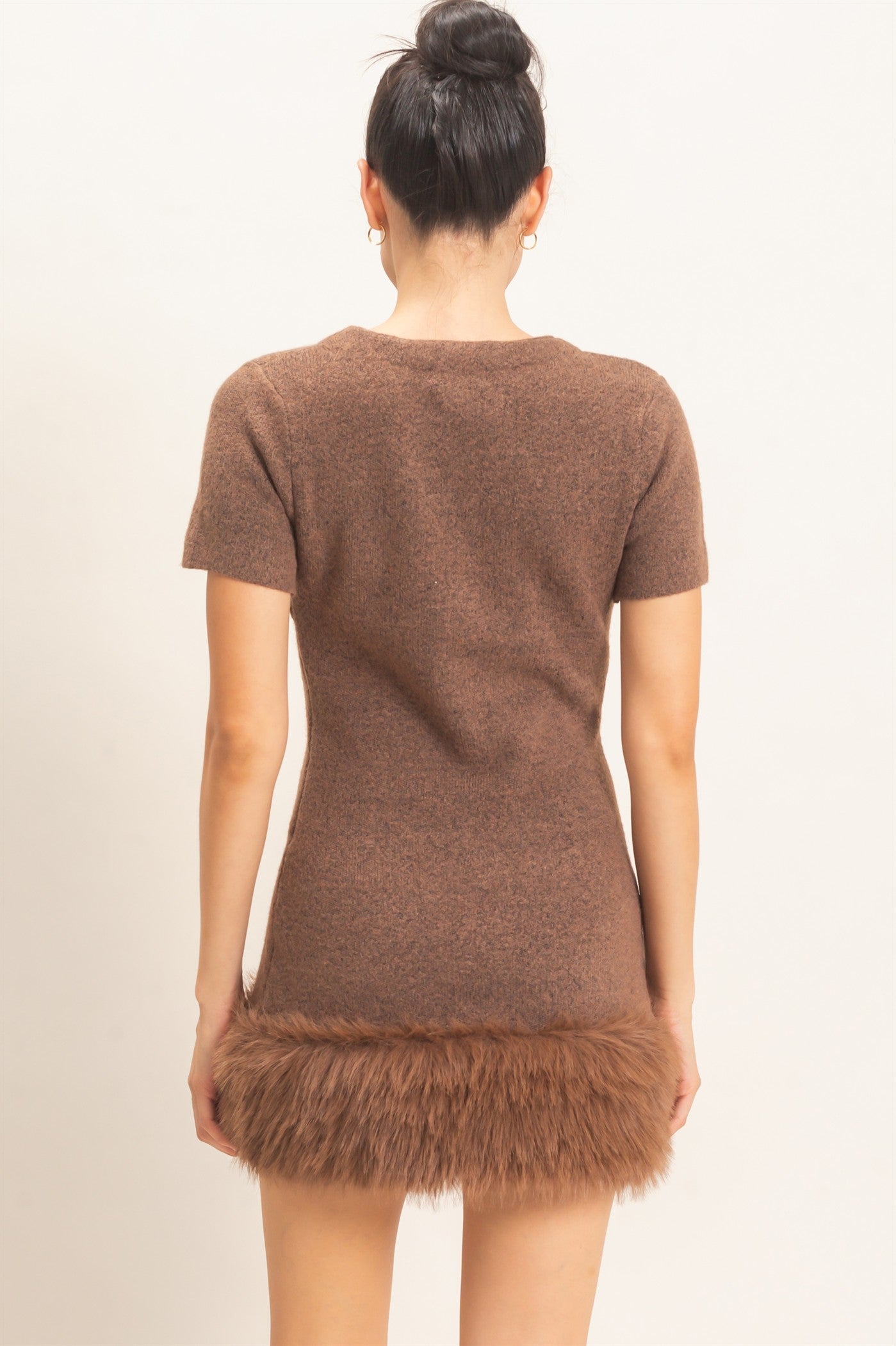 Wholesale Faux Fur Trim Knit Dress Dresses HF26E785-D BROWN HYFVE