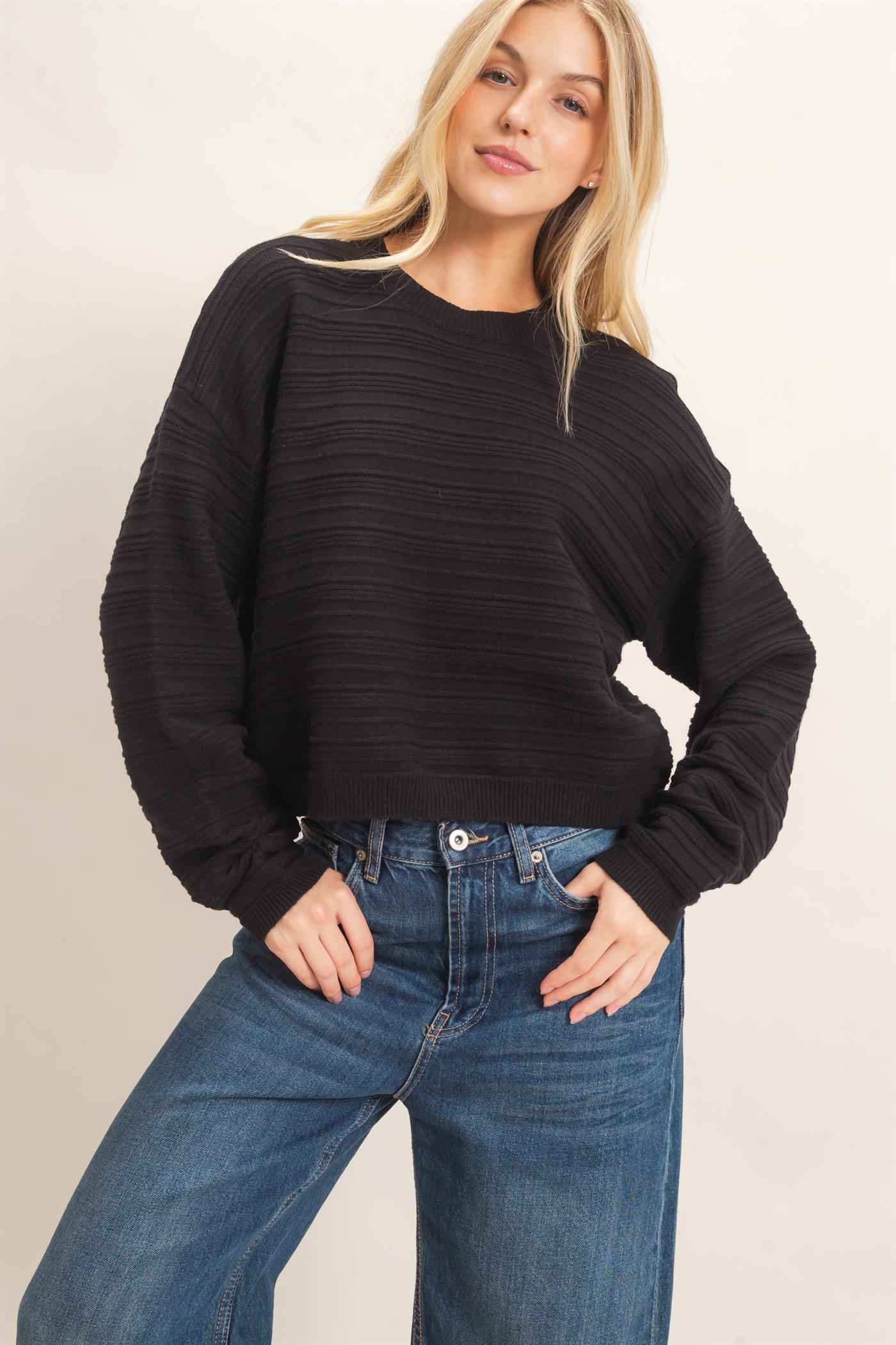 Wholesale Textured Crew Neck Sweater Sweaters HF26F196 BLACK HYFVE