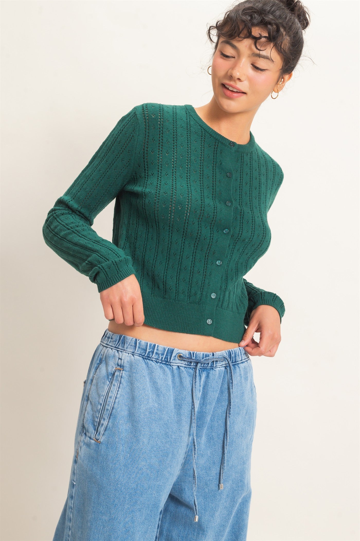 Wholesale Pointelle Button-Down Cardigan Cardigans DZ26E302 DARK GREEN DOUBLE ZERO