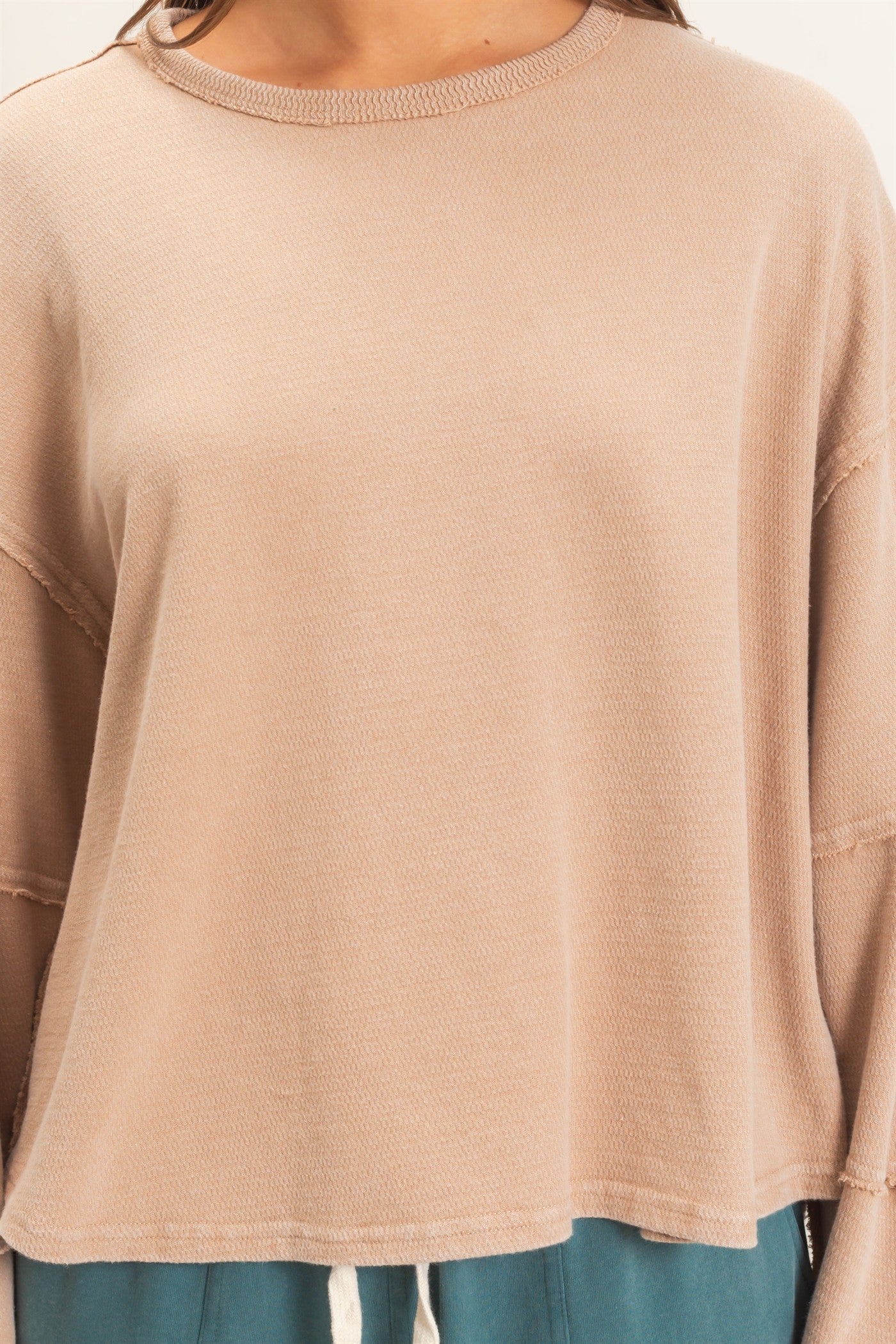 Wholesale Mineral Wash Overzised Raw Edge Crew Neck Top Clothing Tops DZ26E449 DARK TAUPE DOUBLE ZERO