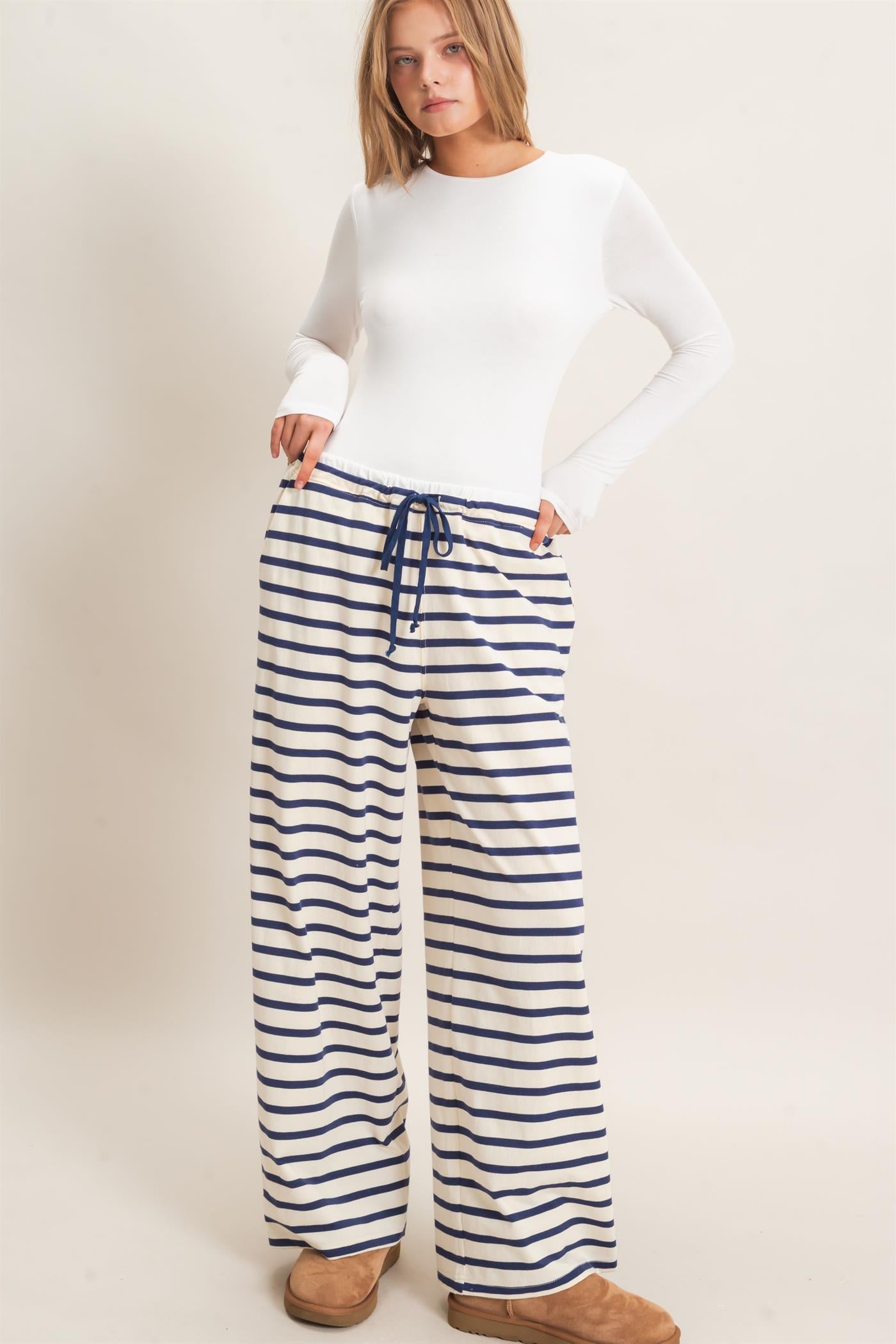 Wholesale Striped Wide-Leg Pants Pants HF26F229-D NAVY/CREAM HYFVE