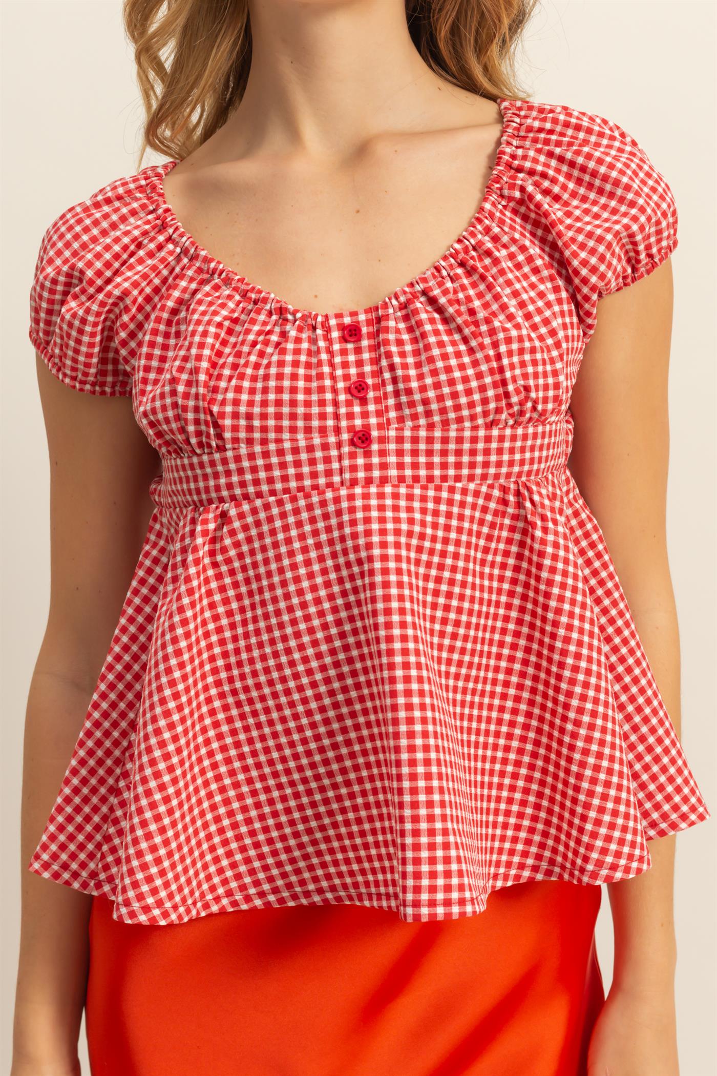 Wholesale Gingham Scoop Neck Cap Sleeve Blouse Blouses DZ25C042 RED DOUBLE ZERO