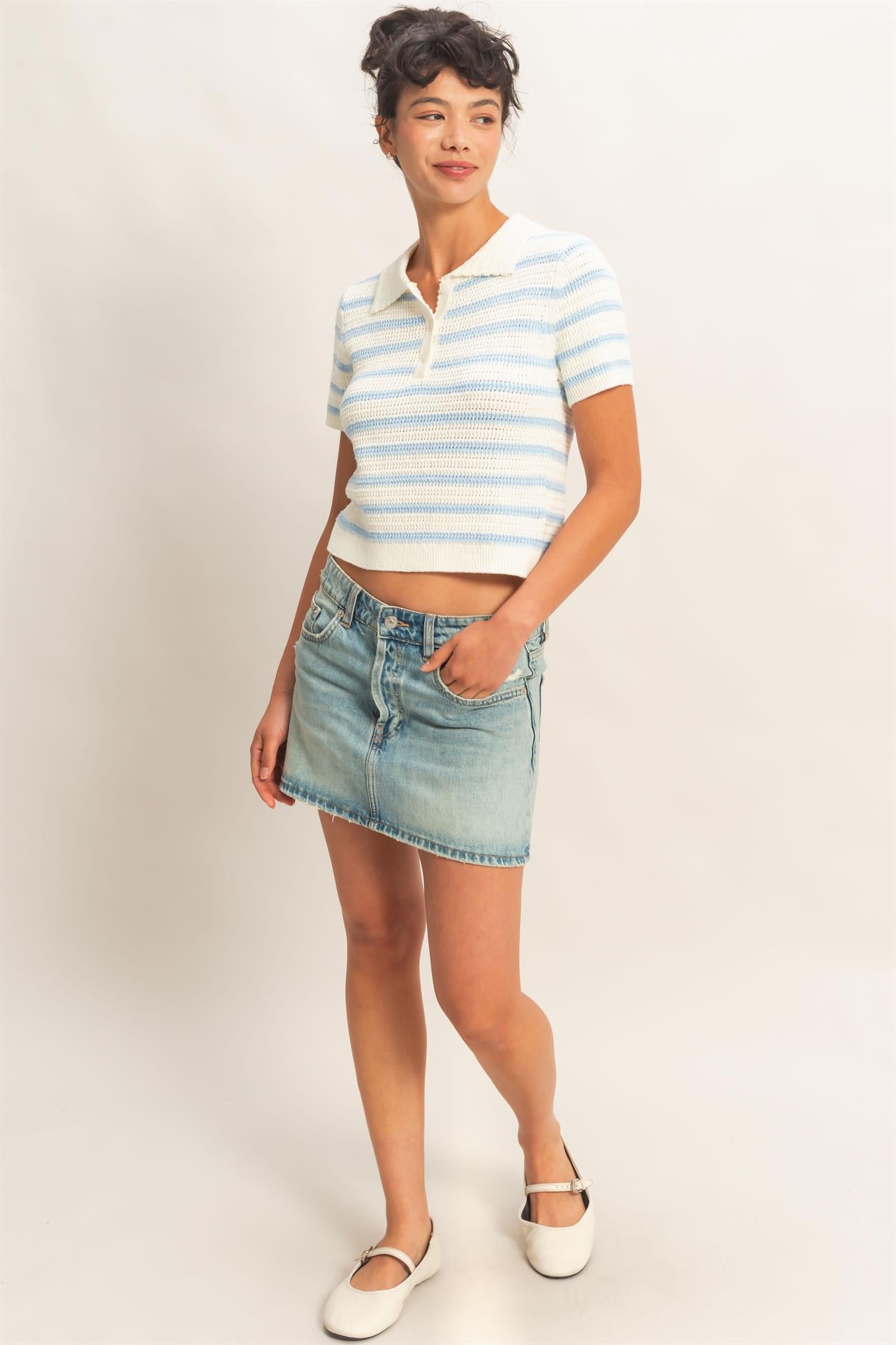 Wholesale Short Sleeve Striped Knit Polo Clothing Tops DZ26A603 ICE BLUE DOUBLE ZERO