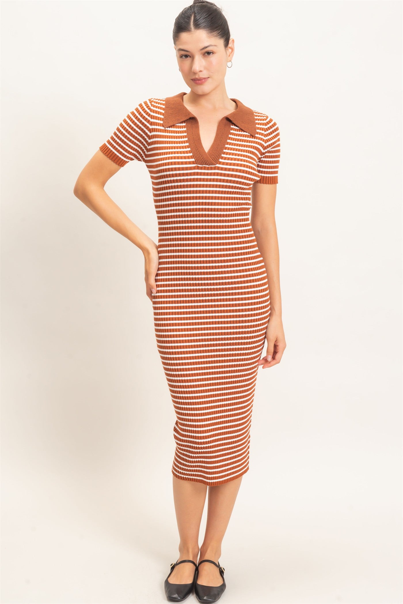 Wholesale Ribbed Collared Midi Dress Dresses HF26E216 BROWN HYFVE
