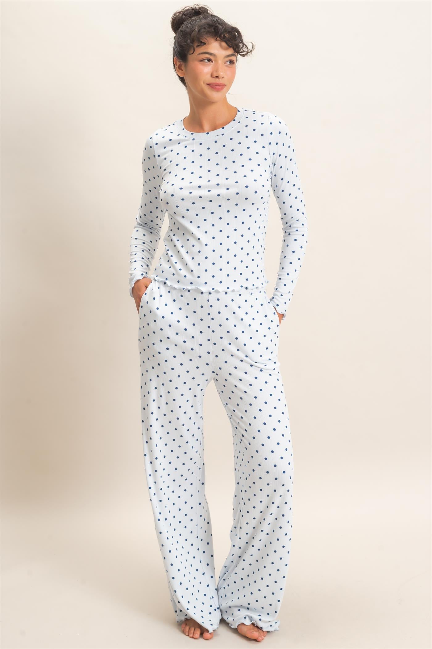 Wholesale Polka Dot Long Sleeve Top & Pants Set Clothing DZ26E914-SET LIGHT BLUE DOUBLE ZERO
