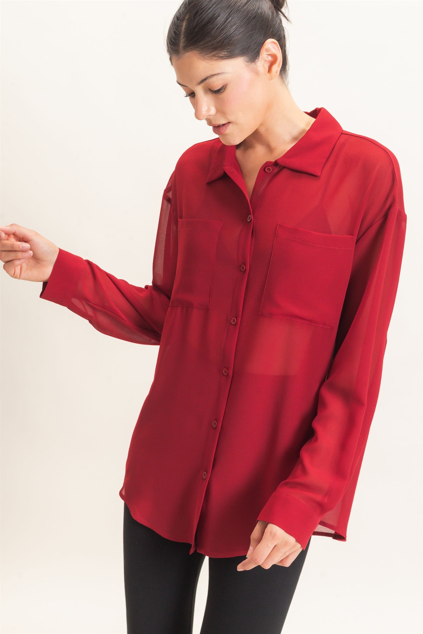 Wholesale Button-Down Collar Blouse Shirts HF26F067 BURGUNDY HYFVE
