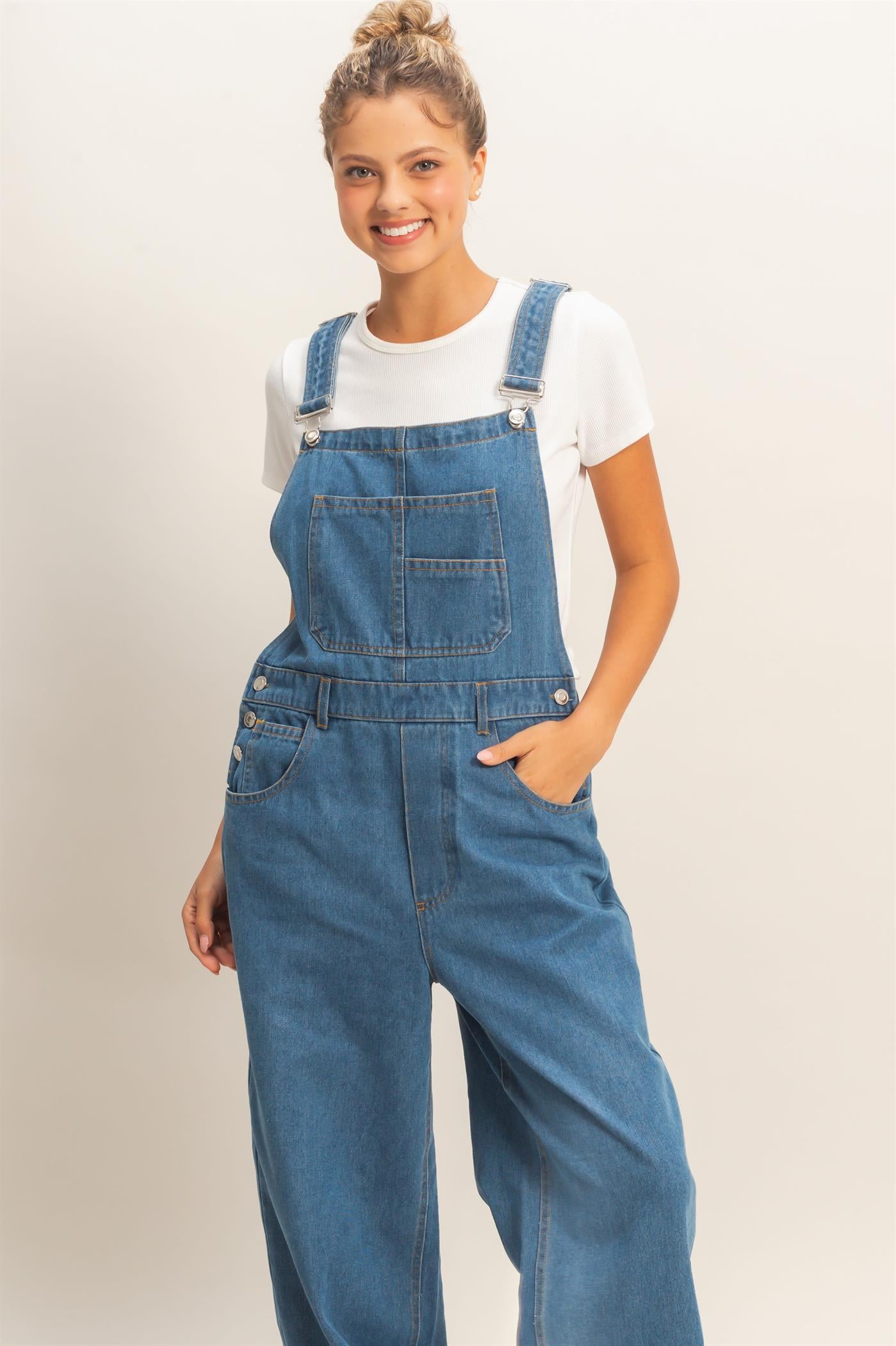 Wholesale Snow Wash Denim Overalls Clothing HF26C185 MEDIUM BLUE HYFVE