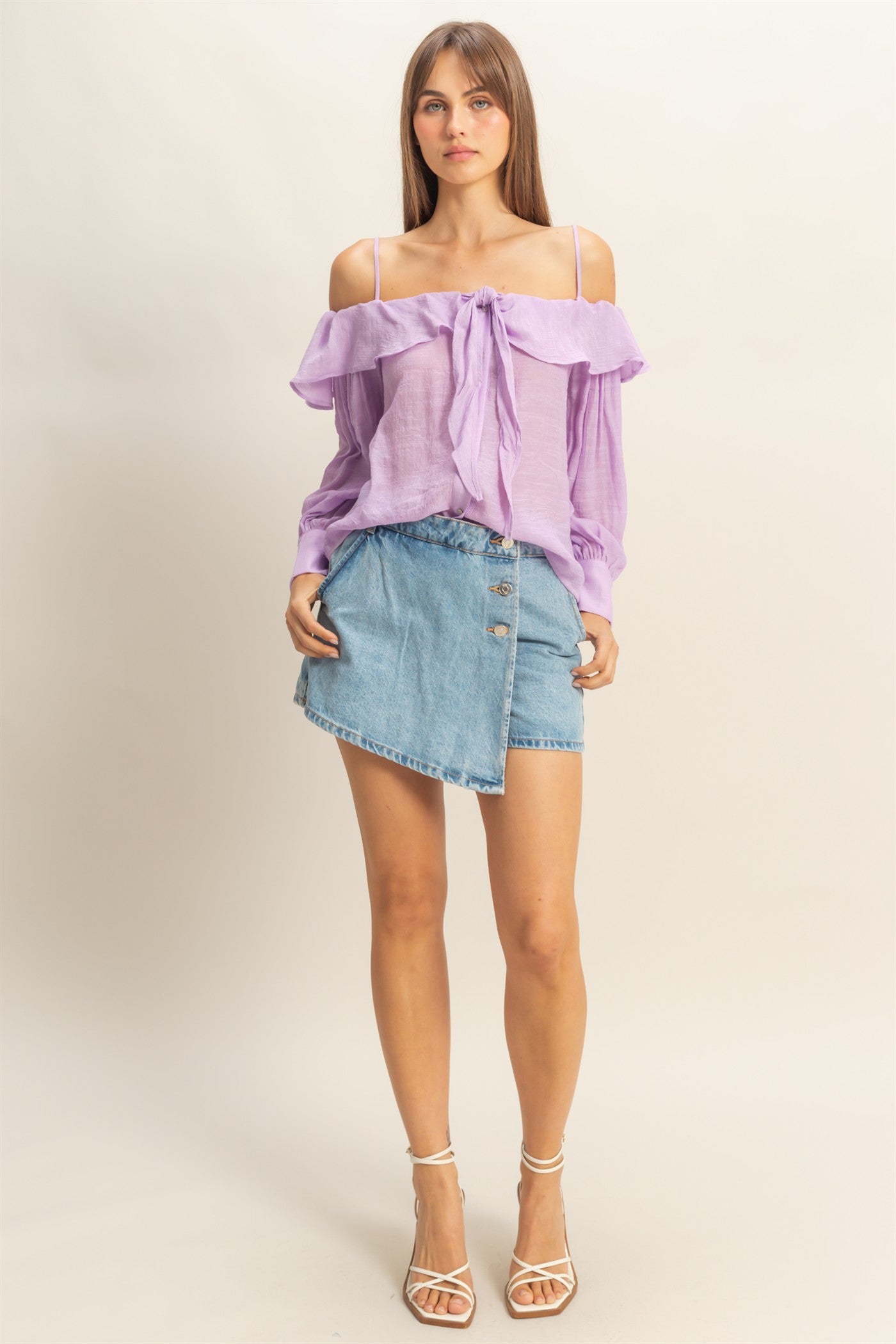 Wholesale Cold-Shoulder Ruffled Blouse Clothing Tops HF23C787 LAVENDER HYFVE