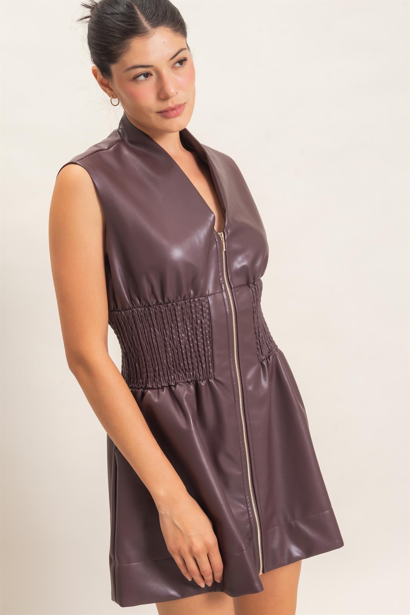 Wholesale Faux Leather Zip Front Dress Dresses HF26E364 DARK CHERRY HYFVE