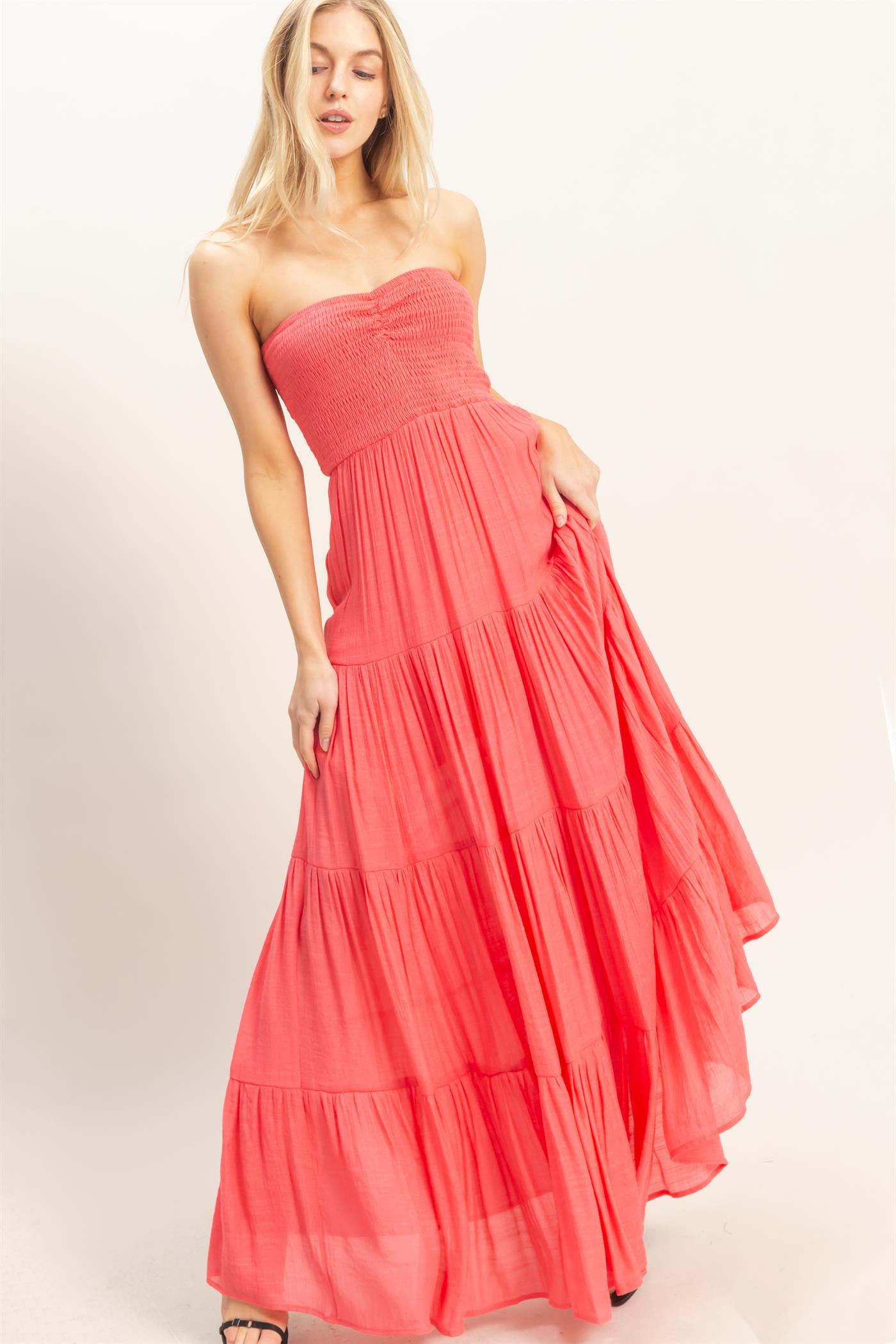 Wholesale Smocked Elastic Neck Maxi Dress Dresses HF26C284-D CORAL RED HYFVE