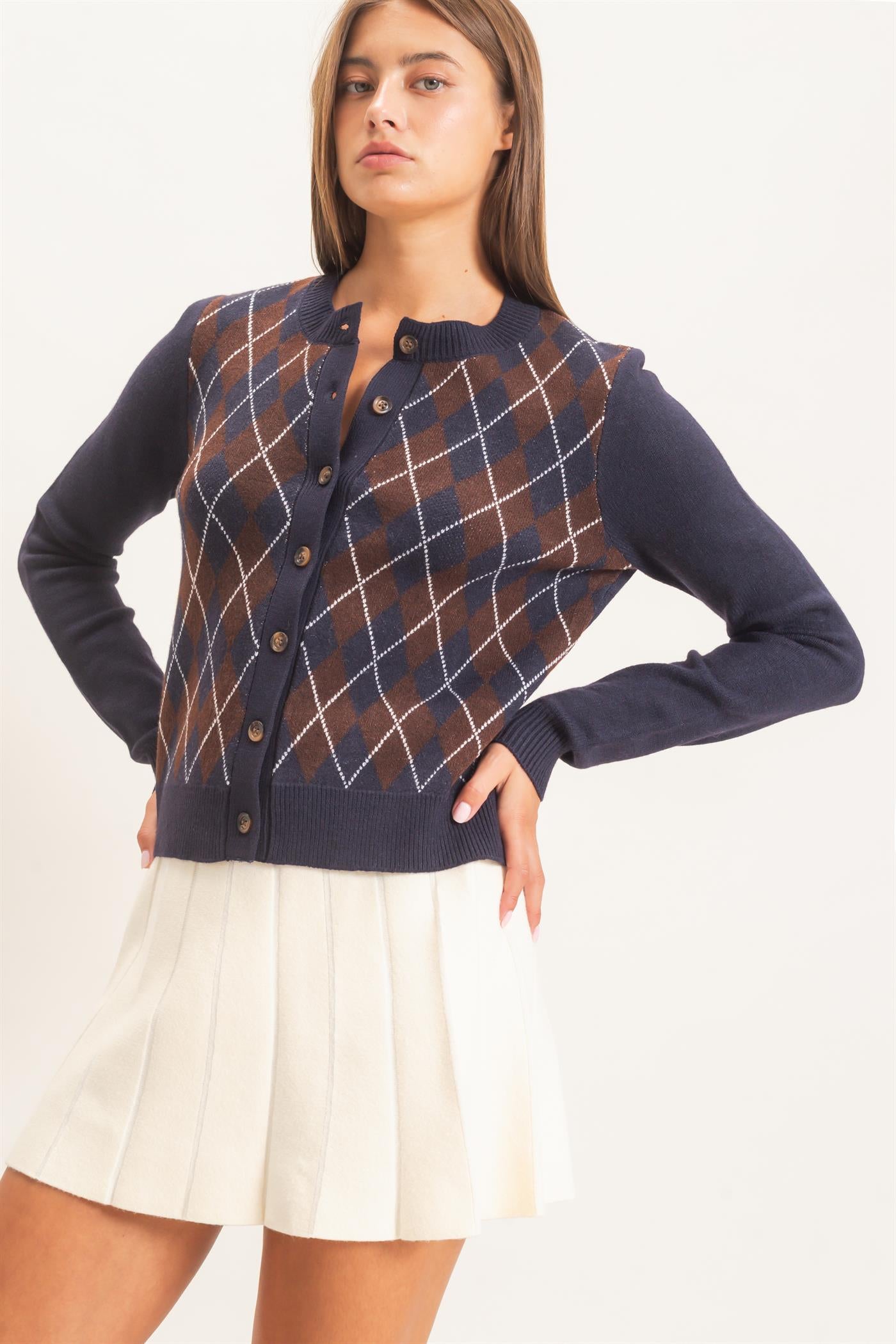 Wholesale Argyle Pattern Cardigan Cardigans DZ26E637 NAVY DOUBLE ZERO